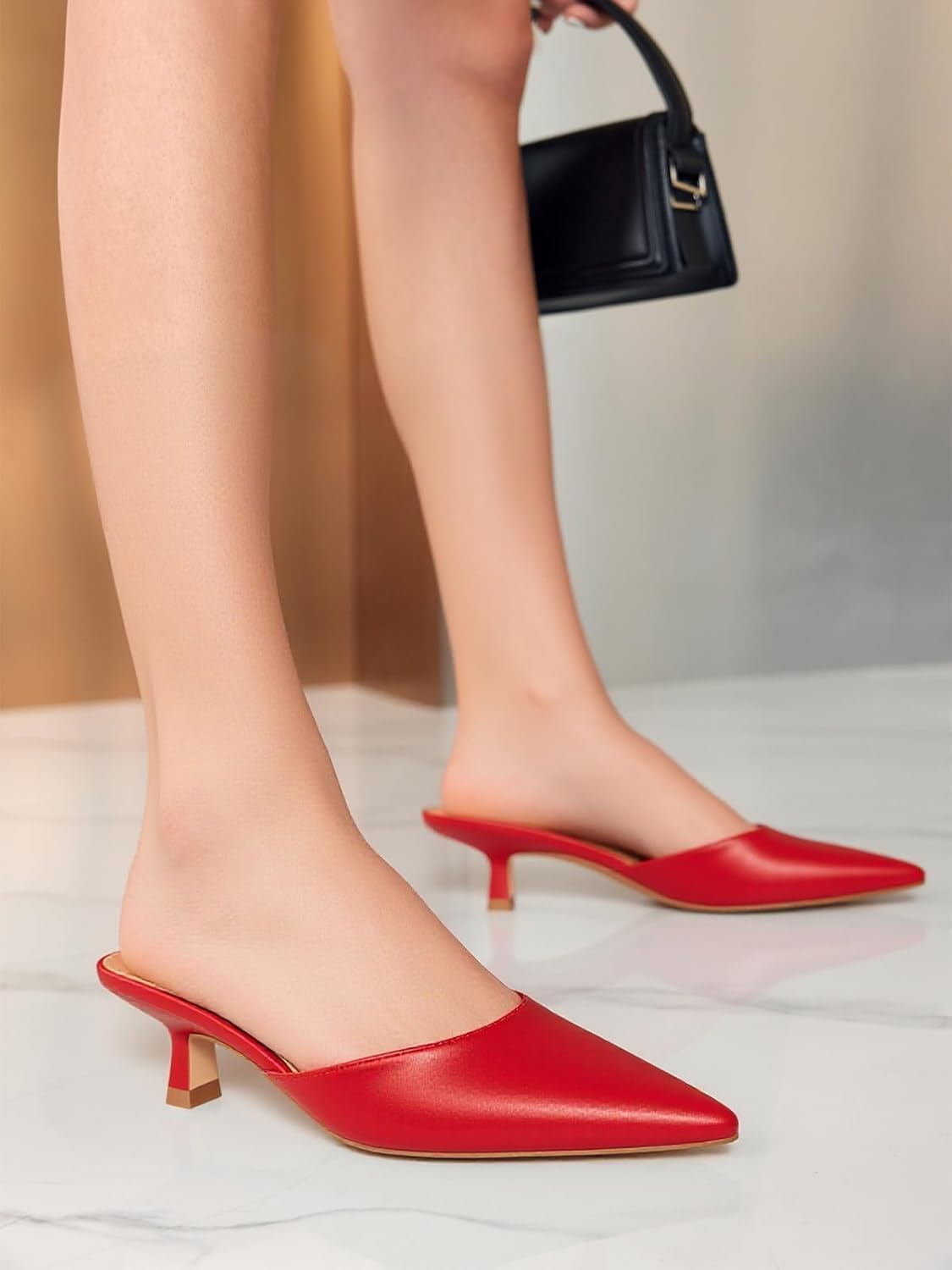 Coutgo Womens Kitten Low Heels Mules Closed Pointed Toe Pumps Slip On Backless Dress Shoes - Image 3