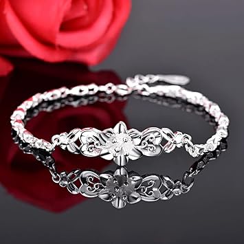 Silver bracelet,jewellery,Ladies 925 Sterling Silver Bracelet Hand Carve Peony Silver Bracelet Adjustable Friendship Bracelet Silver Jewellery Gifts For Sisters Friend Couples Mom