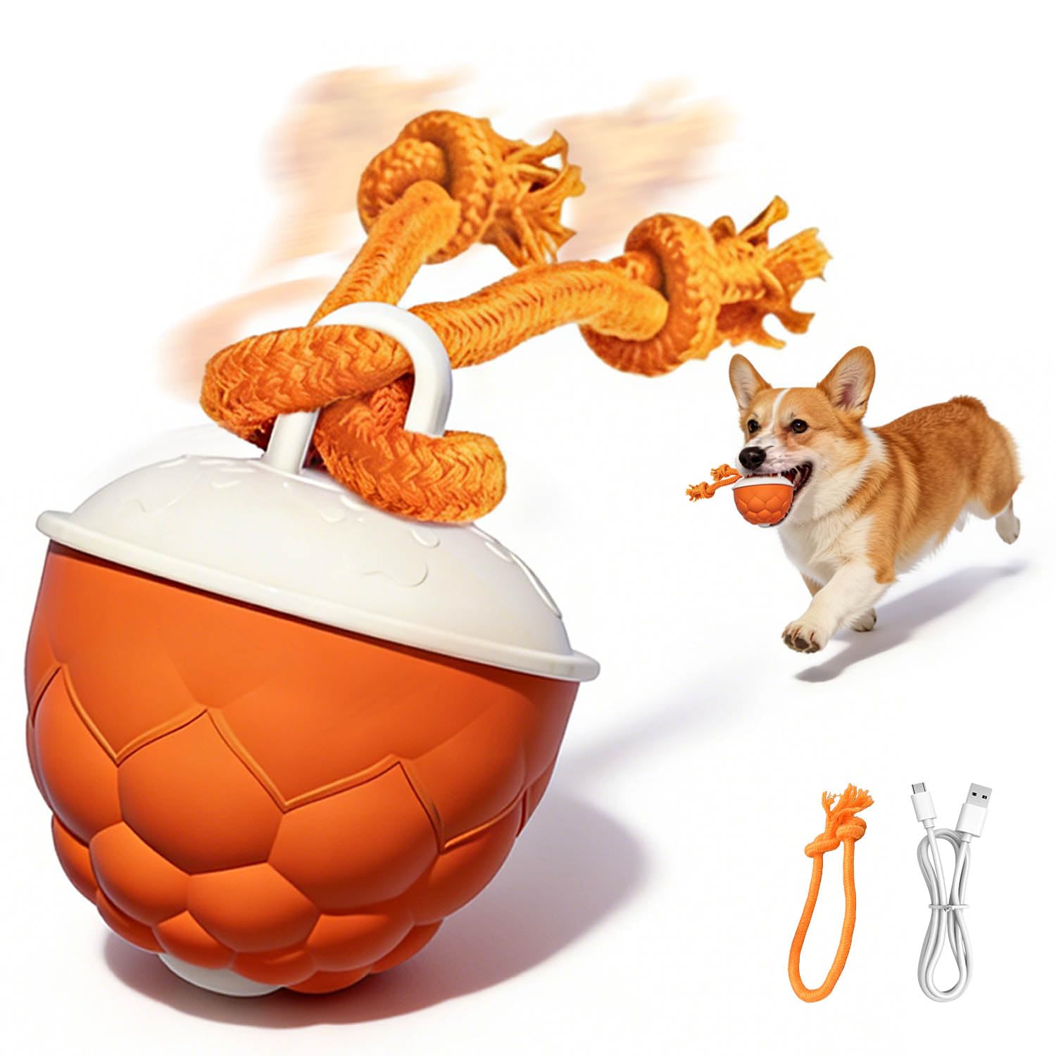 Interactive Dog Toys Ball with Rope, Electric Automatic Moving and Rolling Dogs Toy for Dogs, Motion-Activated Dog Stimulation Toy Ball with 3 Play Modes Bark Sound for Boredom Relief (Orange)