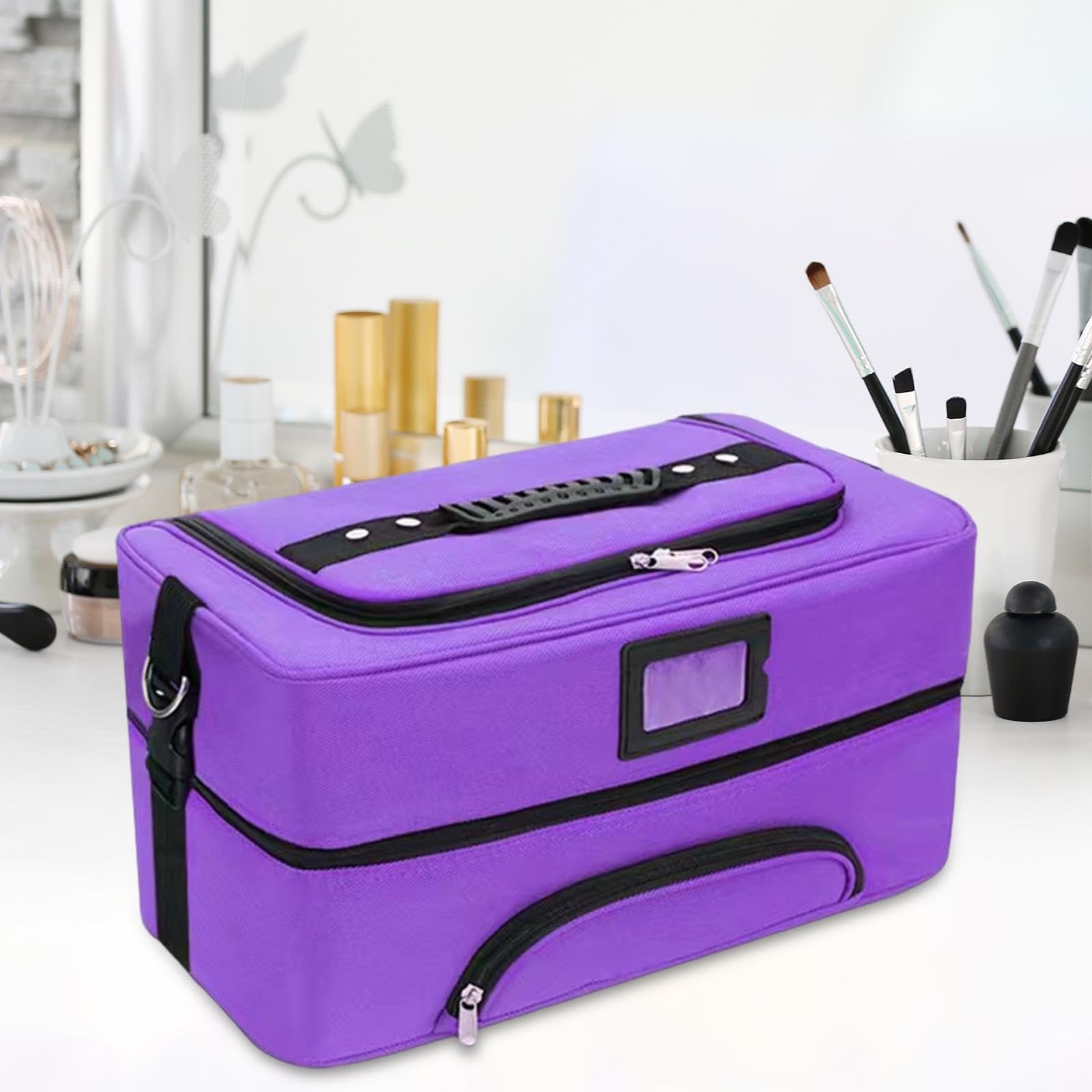Neceser de maquillaje de viaje portátil con divisor, organizador profesional de esmalte de uñas, organizador de maquillaje para mujeres y niñas, morado, A