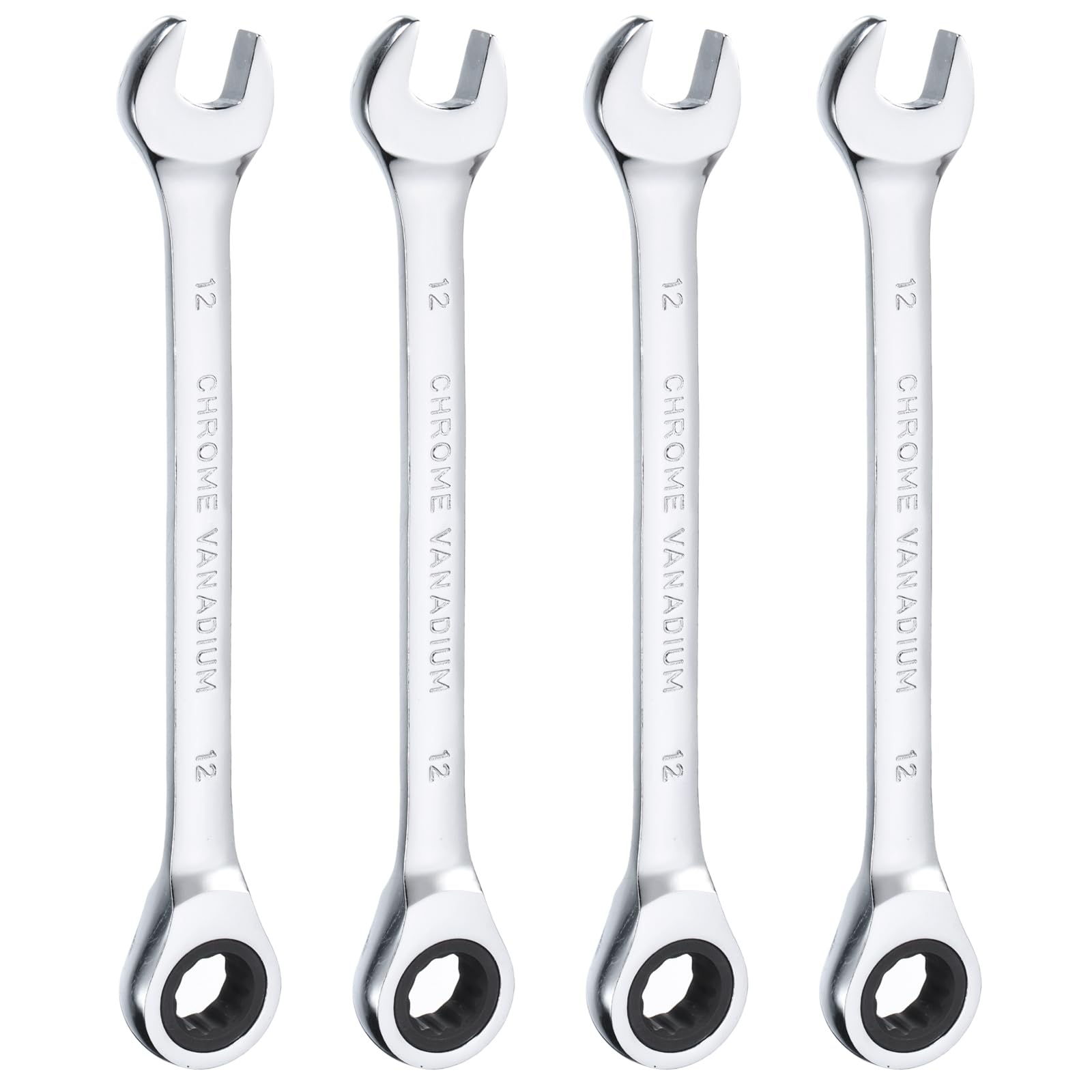 HARFINGTON 4 llaves de trinquete de 12 mm métricas 12PT Cr-V cromo pulido llave combinada de doble extremo con movimiento de 72 dientes y 5° de movimiento de grado industrial herramienta de reparación