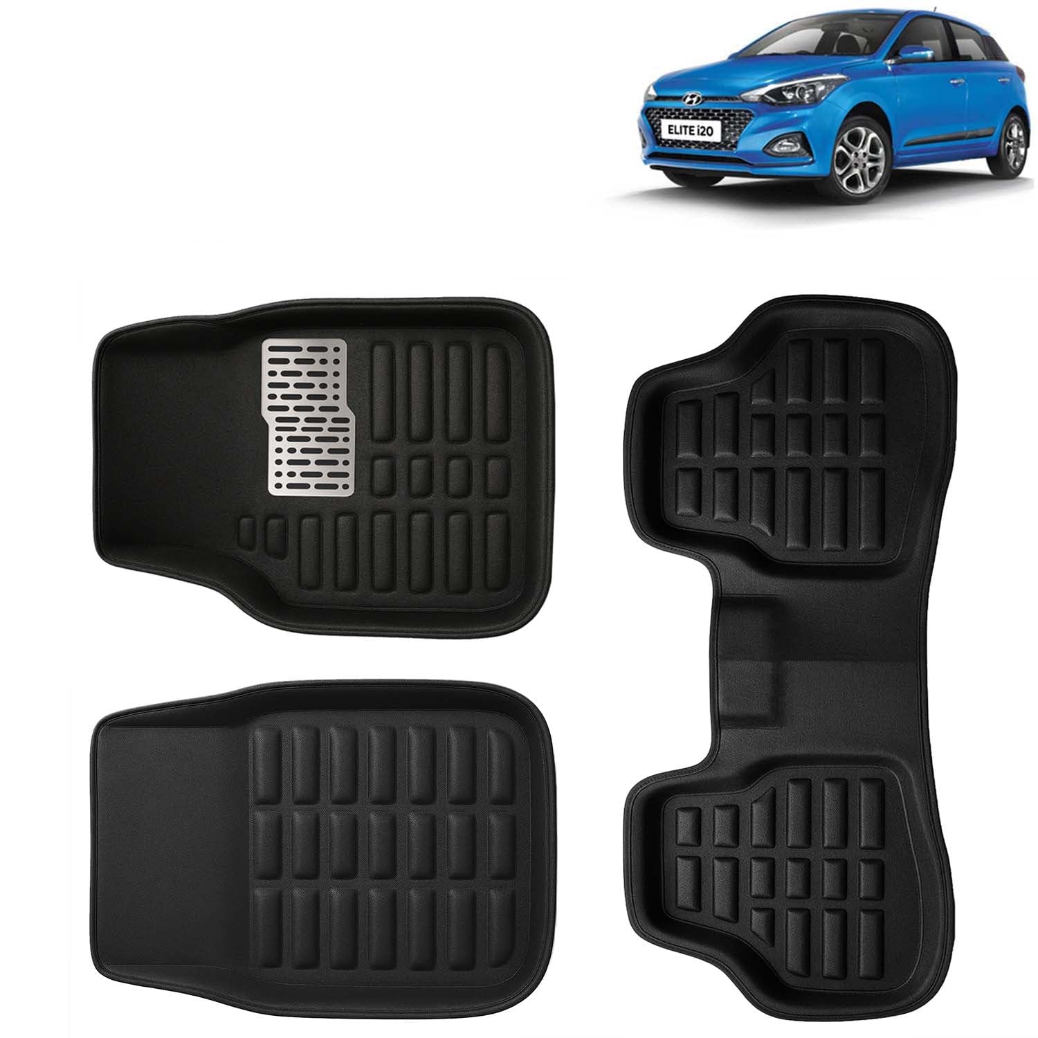 KINGSWAY Accessories Premium 3D Car Floor Mats Only Compatible with Hyundai Elite I20 Year 2018 to 2020 All Model, Set of 3, 100% Waterproof Tray Shape PVC 3D Car Foot Mats Anti-Slip Car Mat, Black
