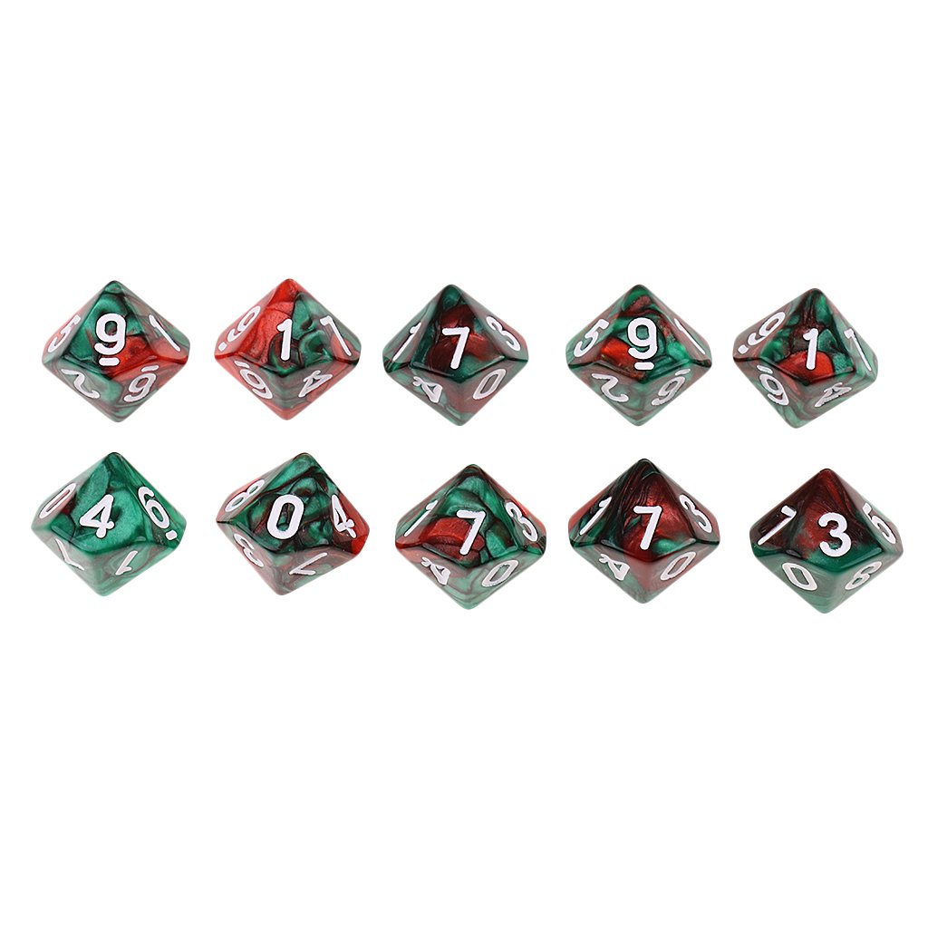10pcs 10 Sided D10 Polyhedral Dice Double Color for DND RPG Coffee Green