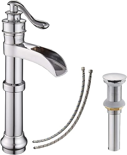 BATHLAVISH Grifo para fregadero de lavabo cromado cascada alto para baño pulido de una sola manija 1 agujero grifo mezclador de tocador comercial