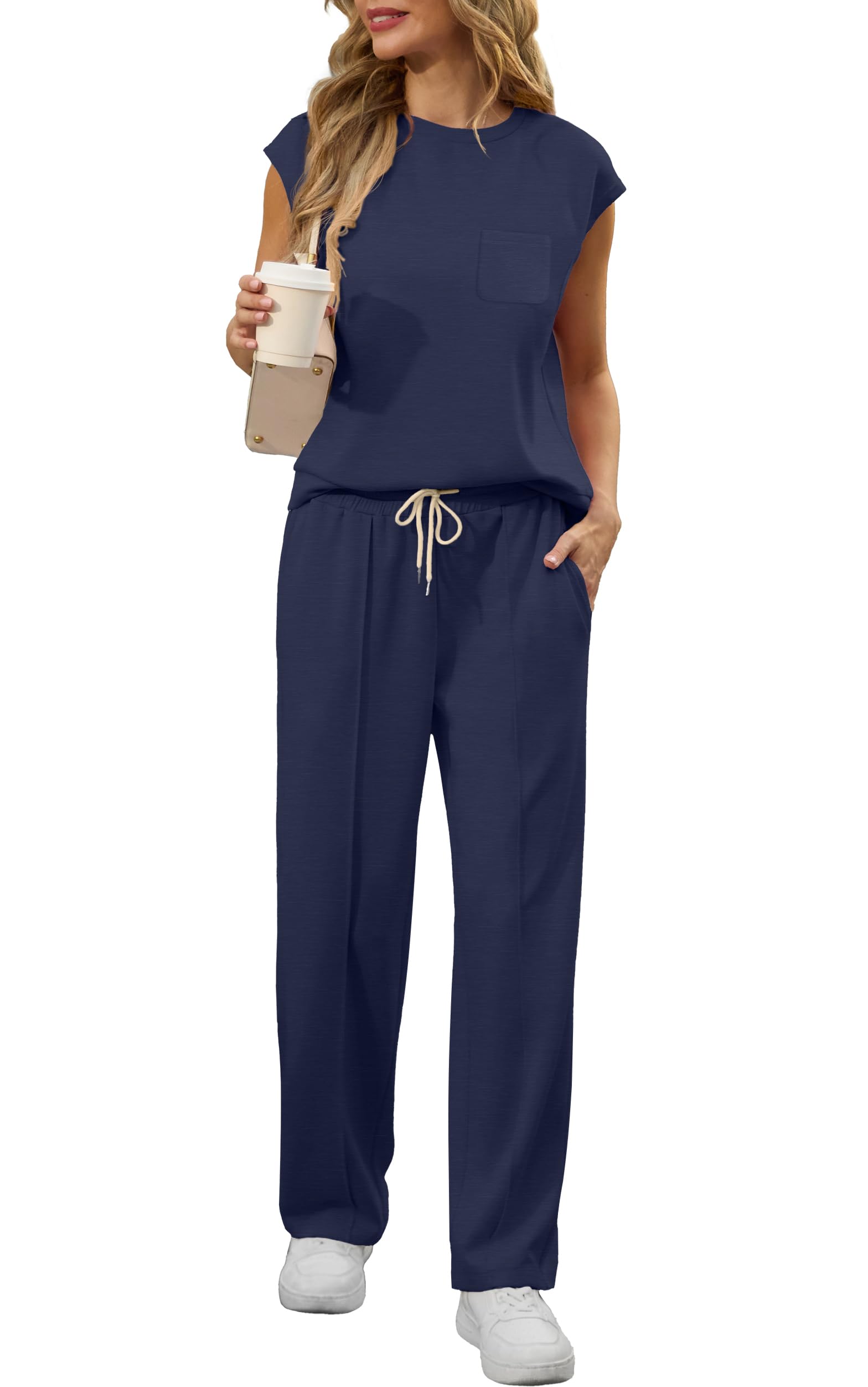 GRECERELLE Tuta estiva a maniche corte da donna, set completo, da donna, casual, girocollo, maniche ad aletta e pantaloni da jogging con tasche