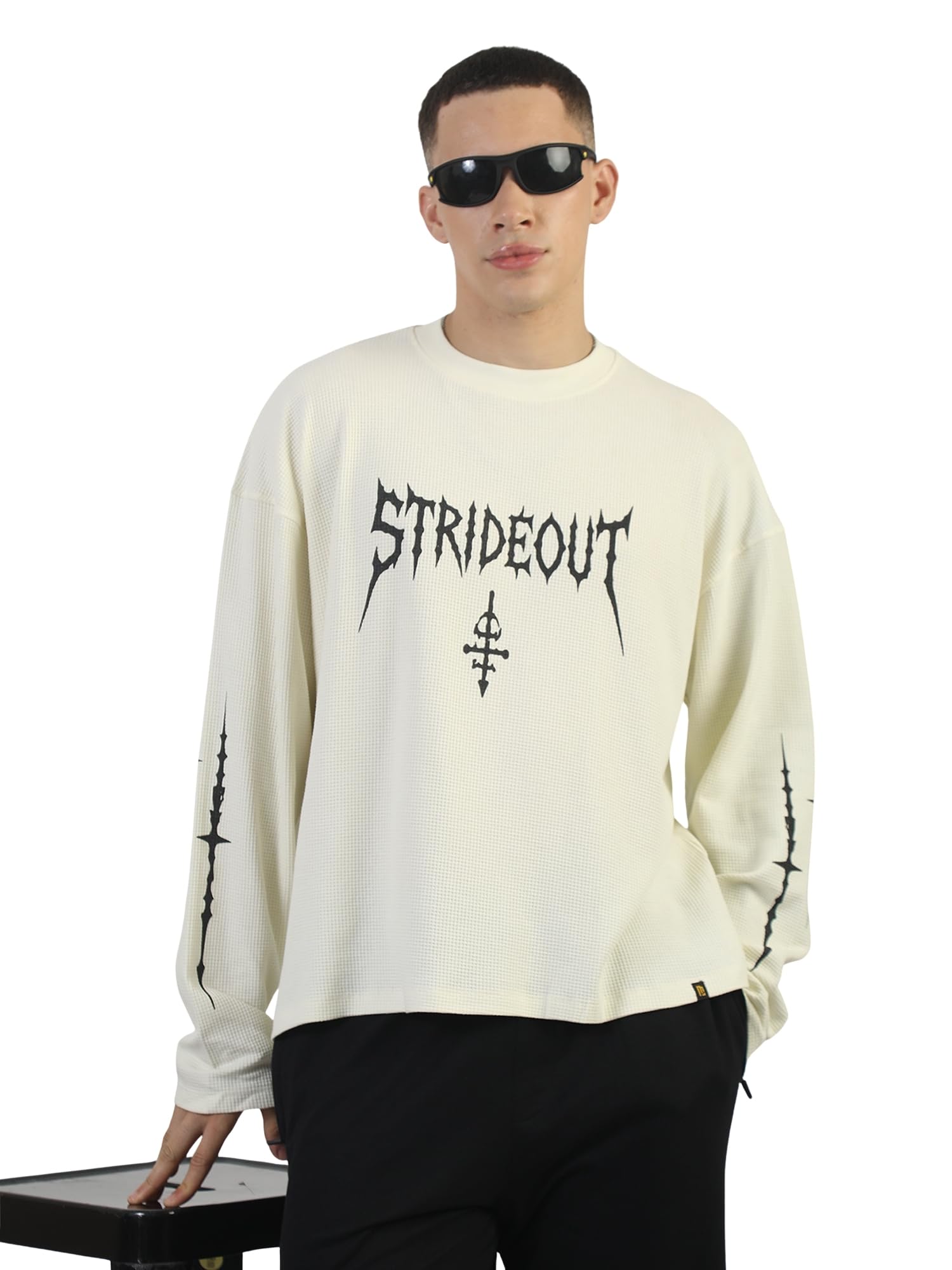 Maniac Mens Strideout Printed Round Neck Cream & Black Waffle T-Shirt - Image 1