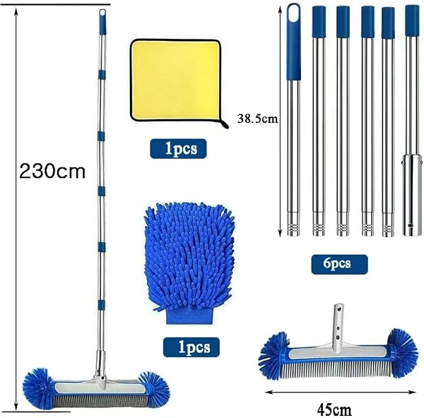 Pool Bürsten Set, Poolbürsten reinigungsbürste mit Teleskopstange 230 cm, Poolreiniger Bürste 45 cm, Pool Reinigungsbürste, Pool Bürsten Set für Pool Reinigung mit Reinigungstuch und Waschhandschuh. - 2