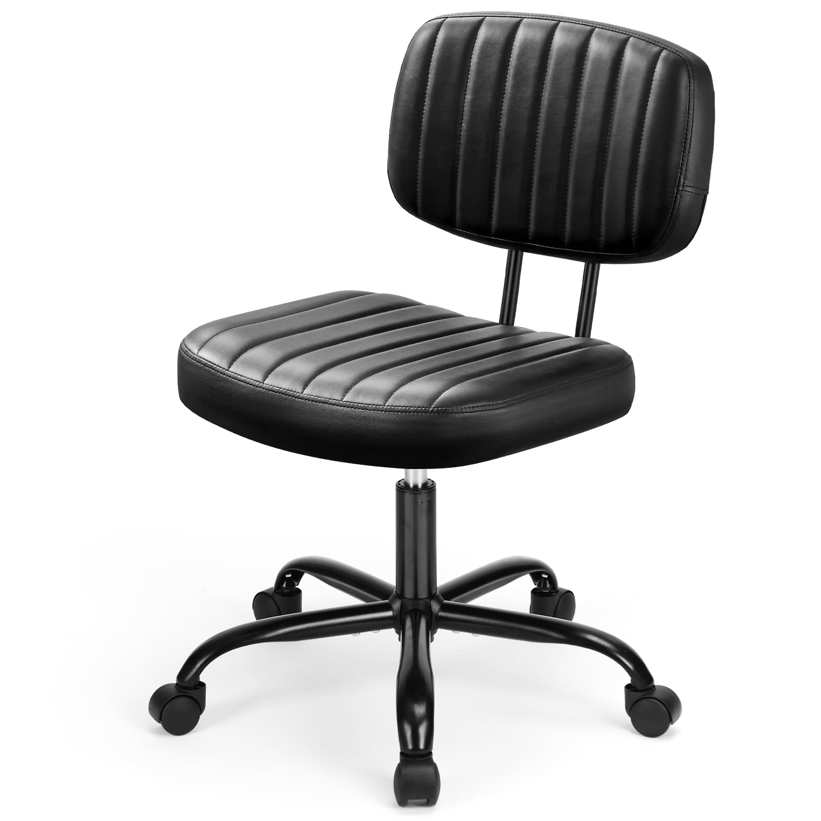 DUMOS Armless Home Office Chair Ergonomic Desk with Comfy Low Back Lumbar Support, Height Adjustable PU Leather Computer Task with 360° Swivel Wheels, for Small Space, Kids and Adults, Black