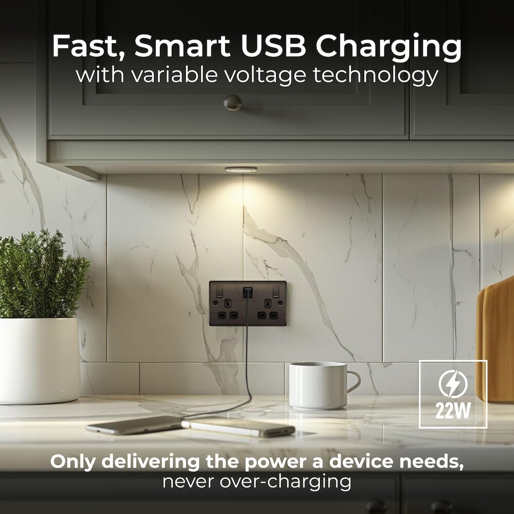BG Electrical 22W Double Switched Power Wall Plug Socket with Fast Charge USB A and USB C Charging Ports, Nexus Metal - Image 2