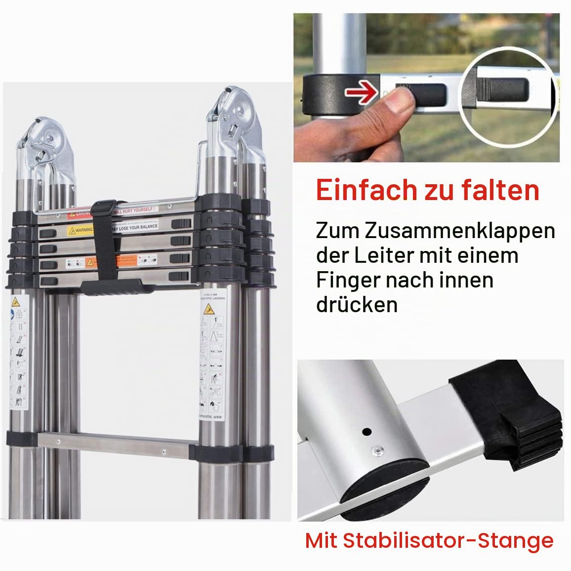 3,8M(1,9+1,9M) Teleskopleiter, Mehrzweckleiter ‎Edelstahl, A-Rahmen Klappleiter Tragbare für Dachboden, Kletterdach, Büronutzung, Baujob, 150 kg/330 Pfund Belastbarkeit