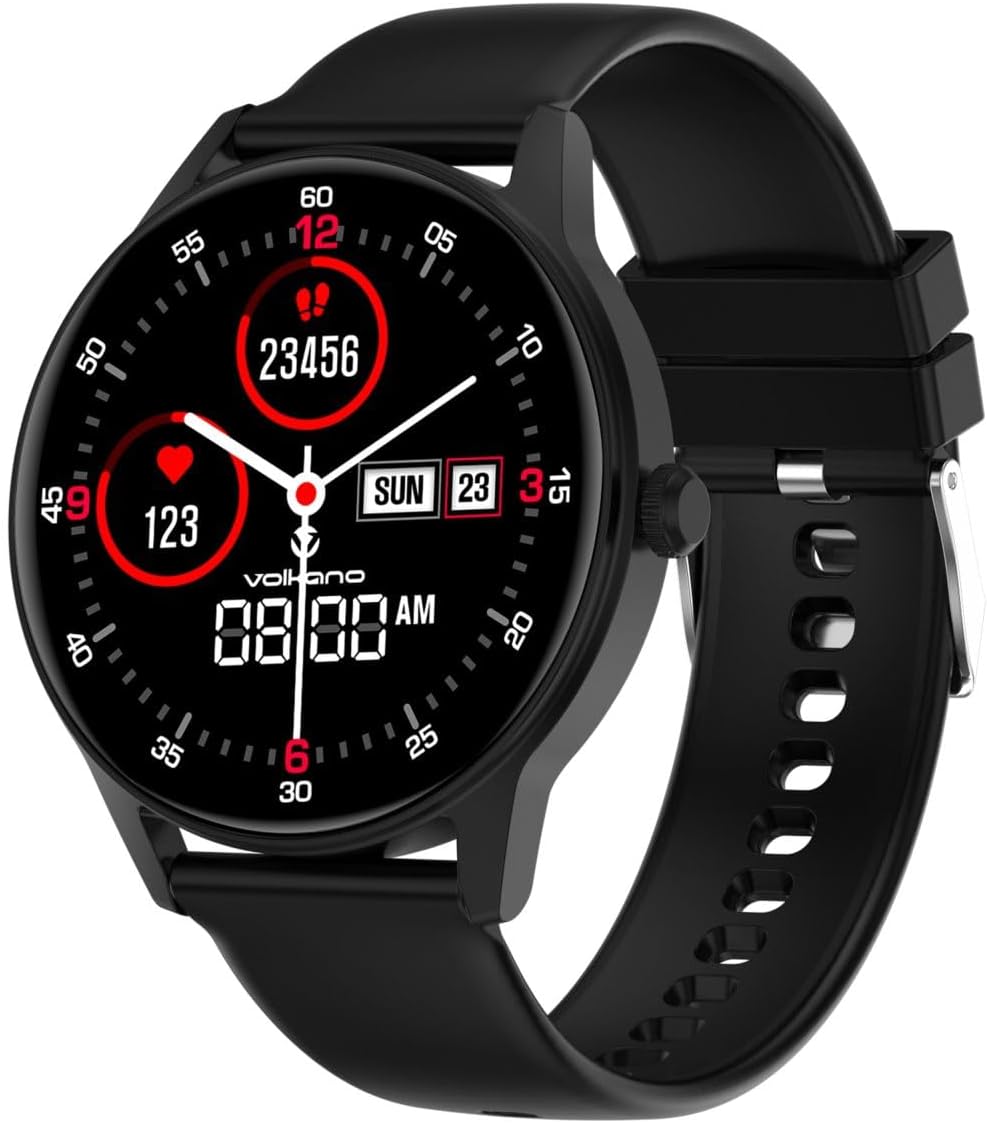 Volkano Fit Soul Series Smartwatch on a wrist, displaying time and fitness metrics.