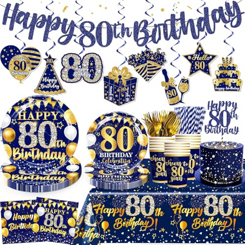 169pcs 80th Birthday Decorations Tableware Set with Plates, Napkins, Cups, and Tablecloth Set, Banner, Hanging Swirls 80th Birthday Decorations for Men, Gold and Blue Cheers to 80 Years for 25 Guests