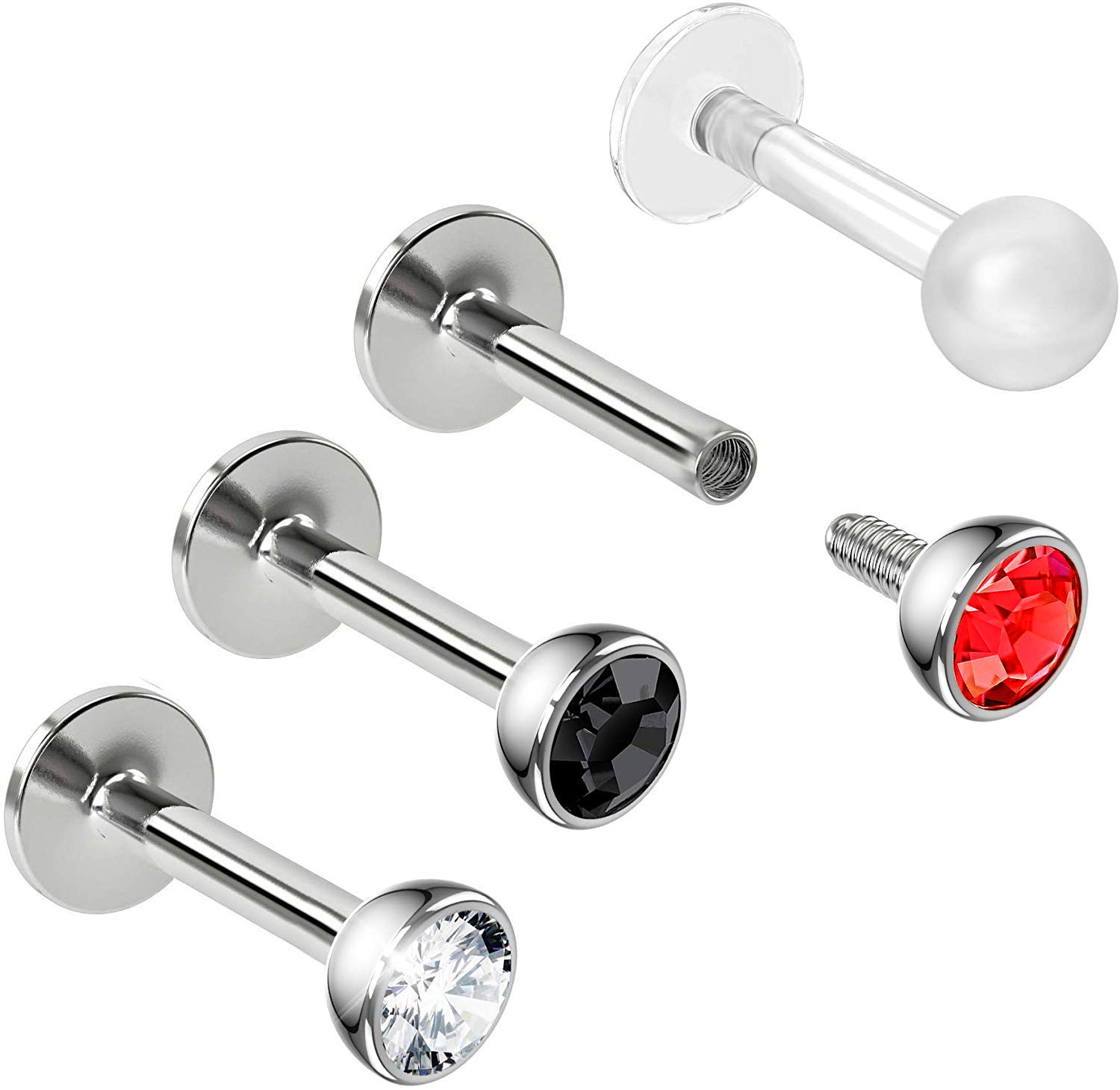 Bling Piercing3pc 16g 1/4 Labret Stud Lip Ring 3mm CZ Gem Snake Bite Marilyn Monroe 6mm + Clear Retainer