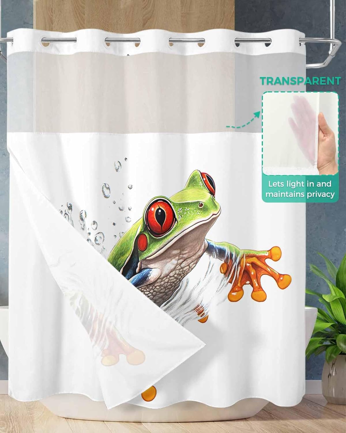 Prime Leader No Hook Shower Curtain with Snap in Liner Frog Watercolor Frog Water Surface Hand-Painted Shower Curtain for Bathroom, Fabric Waterproof Inner Liner with Mesh Top Window, 72x72