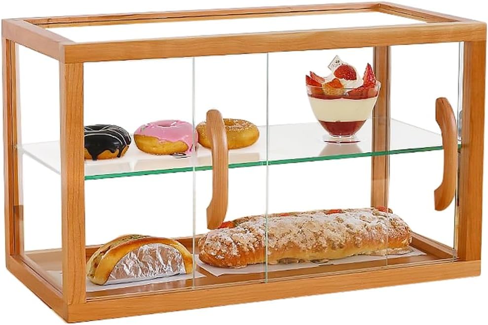 Wooden Pastry Display Case,2 Tier Commercial Countertop Cake Showcase Collectibles Storage Cabinet Glass Display Cabinet(Natural)