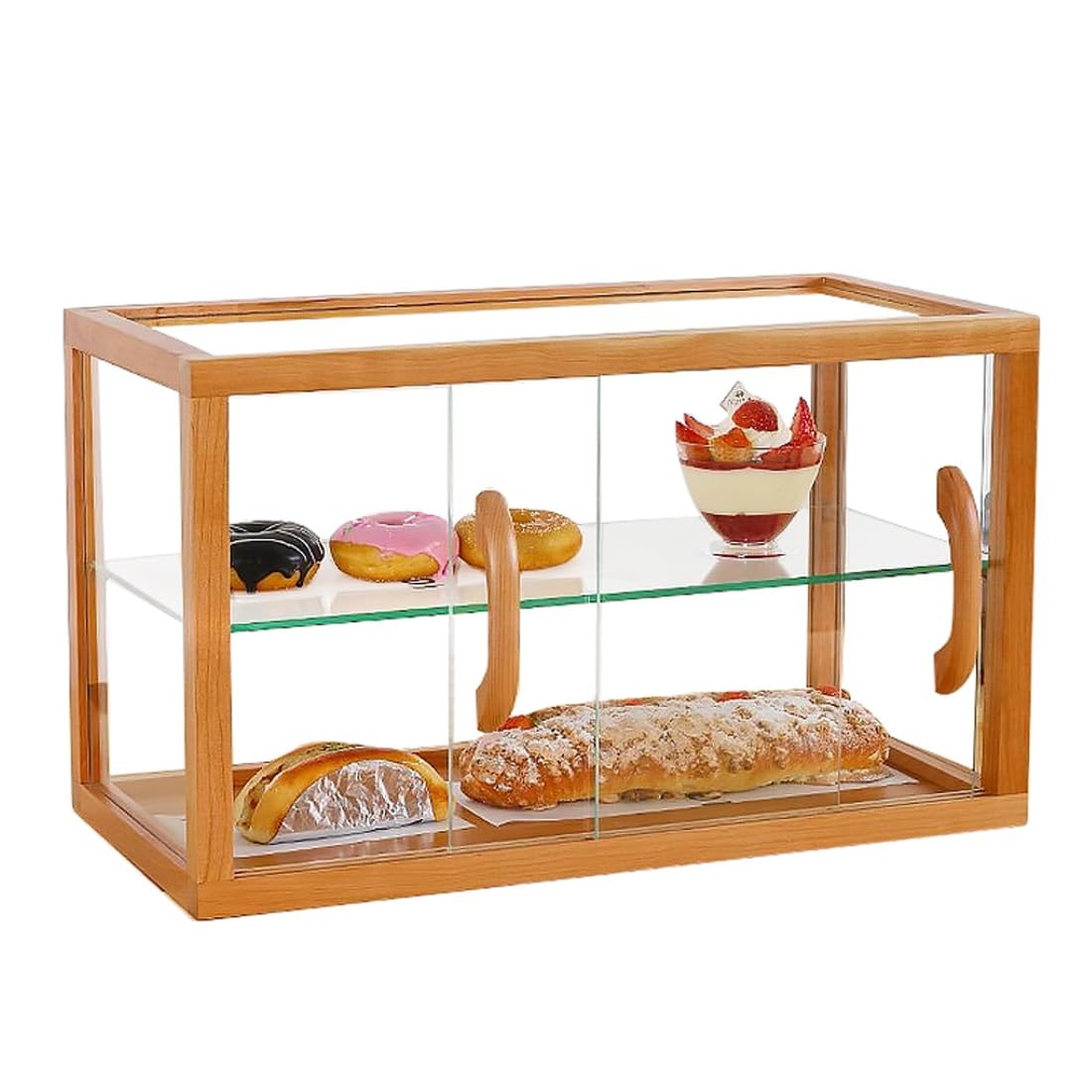 Vitrina de madera para repostería de 2 niveles, para mostrador comercial, vitrina de pasteles, coleccionables, armario de exhibición (natural)