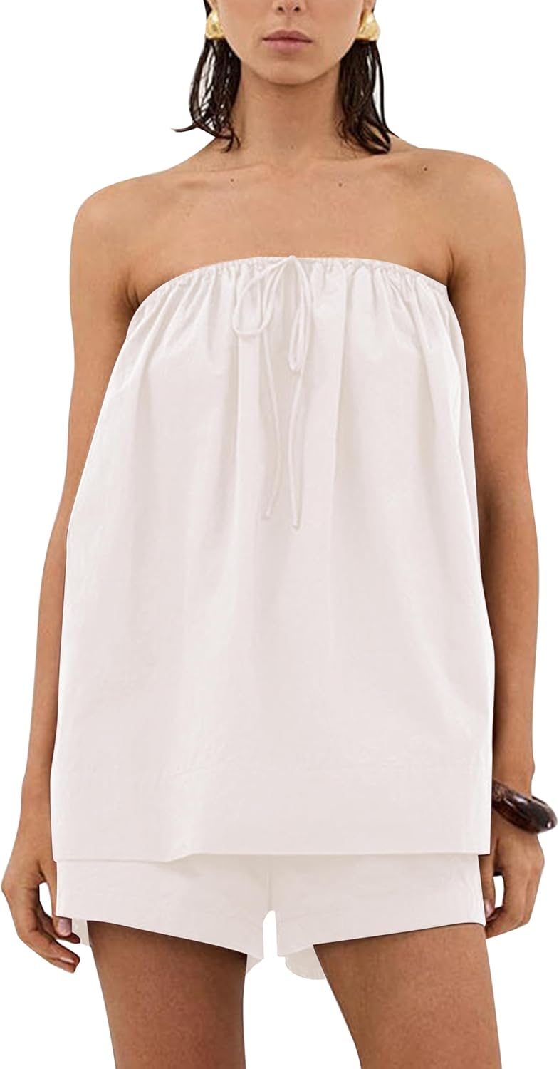 Women 2 Piece Shorts Set Loose Fit Strapless Tube Top and High Rise Drawstring Shorts Lounge Summer Vacation Set