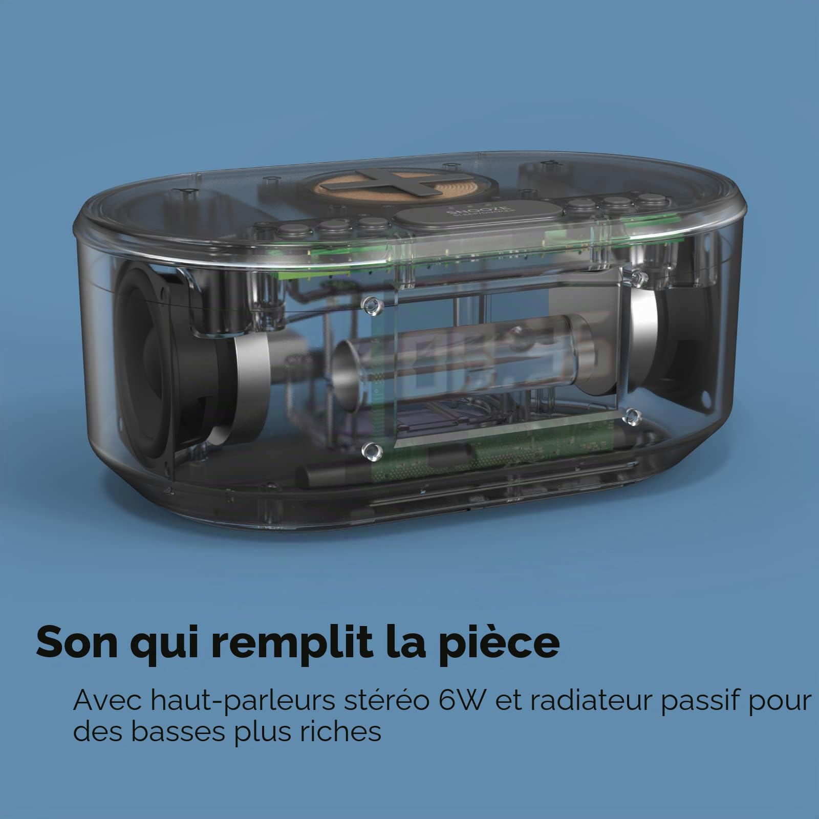 Réveil de chevet sans fil avec affichage LED à intensité variable, sans tic-tac, alimentation secteur avec chargeur USB et enceinte Bluetooth