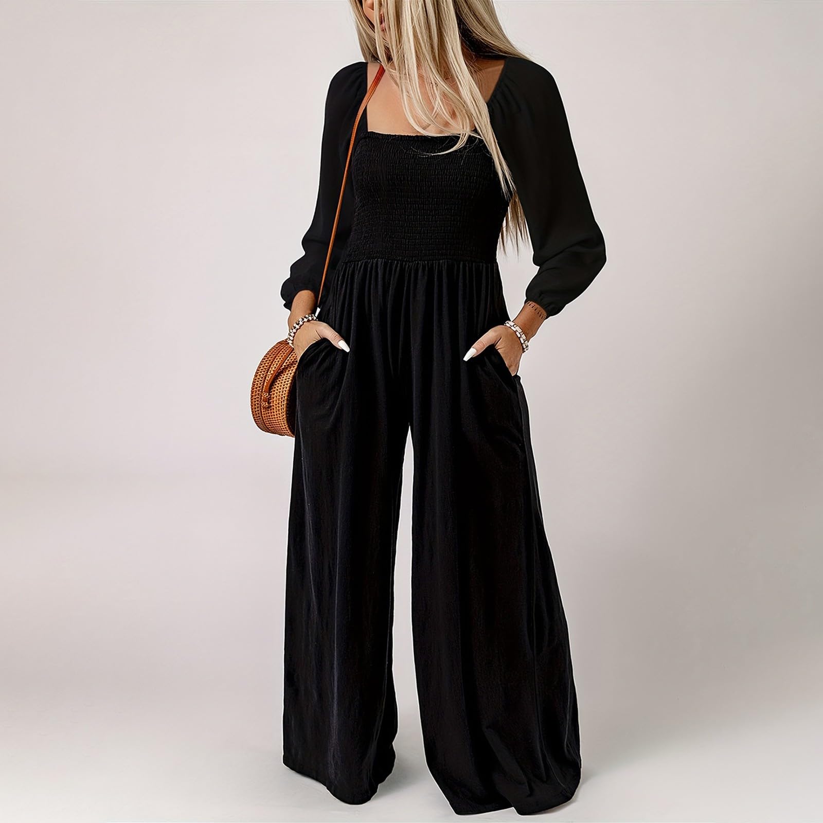 Casuale Loose Bib Pants Tuta Tuta a gamba larga, a maniche lunghe, tinta unita, elegante, per il tempo libero, elasticizzati, morbidi e traspiranti, con tasche