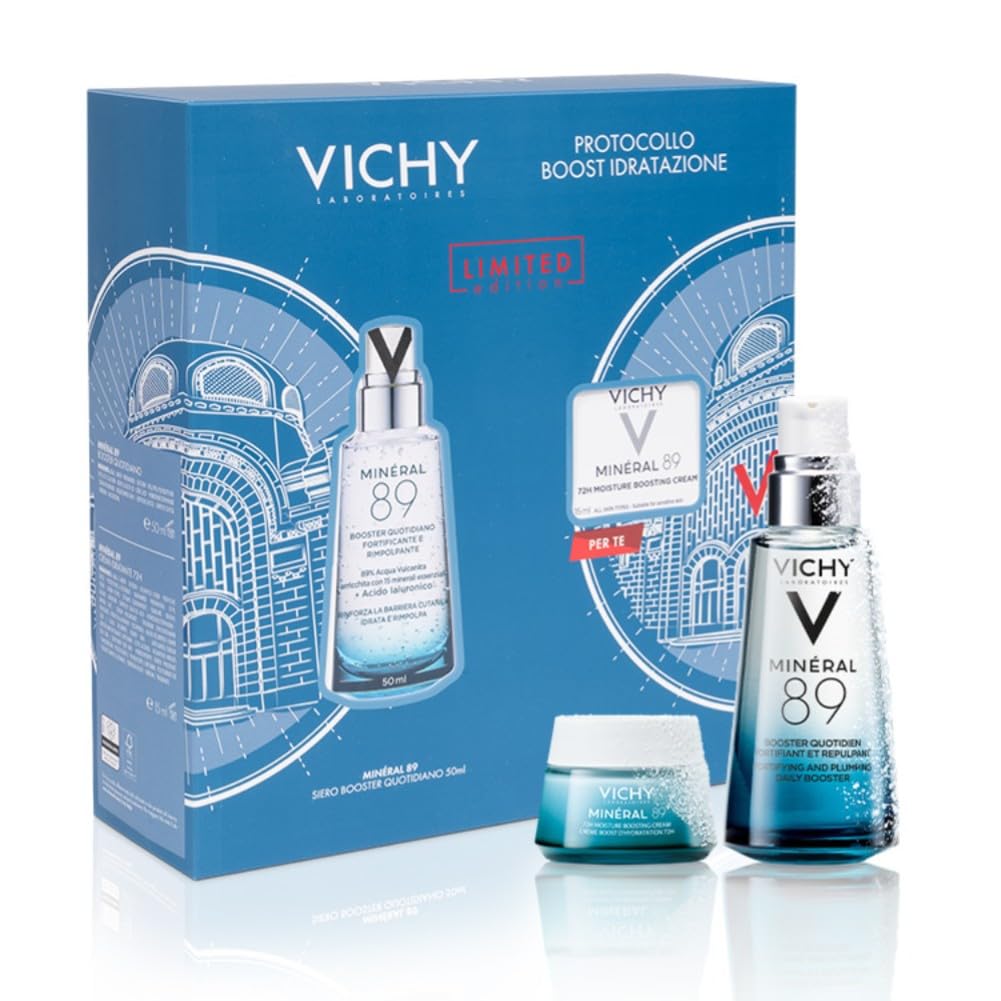 Vichy Minéral 89 Cofanetto Regalo Boost Idratazione, Siero Booster e Crema Idratante, Per Tutti i Tipi di Pelle, Azione Fortificante e Rimpolpante, Pelle Tonica e Levigata, 50 ml + 15 ml