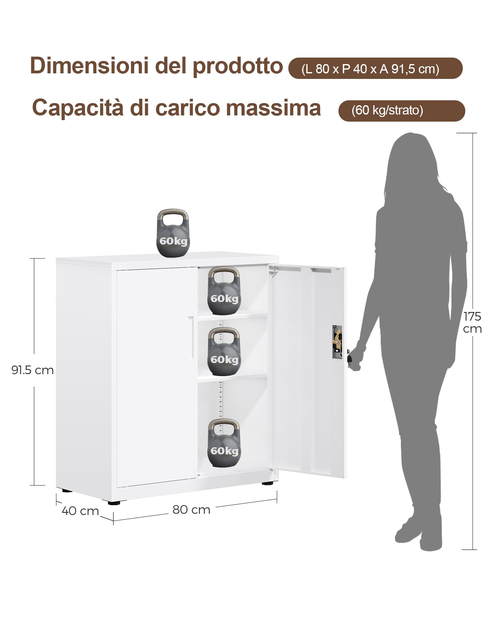 LAND·VOI Armadio in Acciaio 3 Ripiani con Serratura Ripiani Regolabili Ante a Doppia Porta Armadio per Ufficio Mobile in Metallo per Ufficio Garage Cucina Officina 80x40x91.5cm