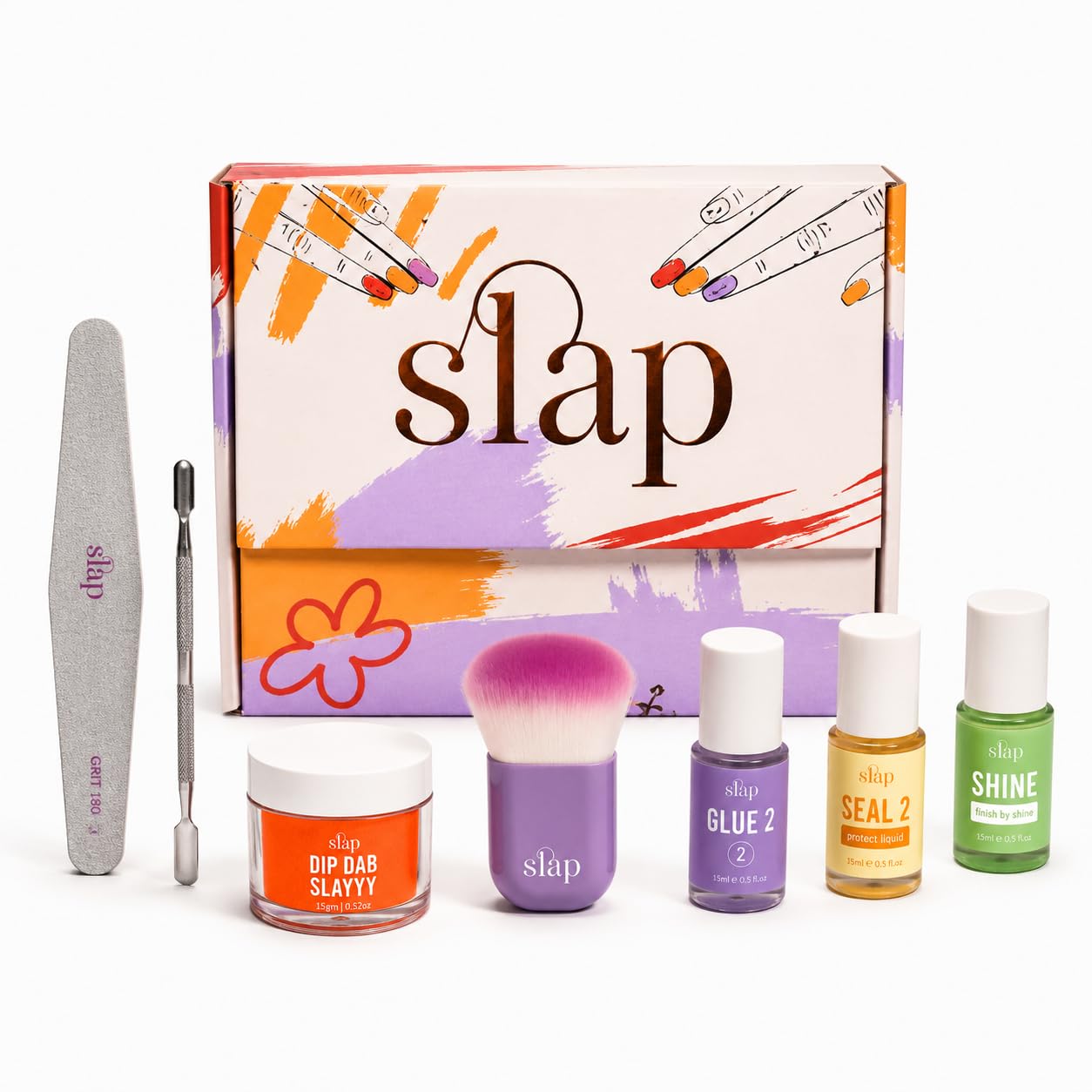 Slap Salon Nail Kit Complete DIY Manicure Set At-Home with Dip Powder Color, Glue, Seal & Shine Liquids, Nail Buffer, Brush & Cuticle Pusher. (Empowered)-image-33