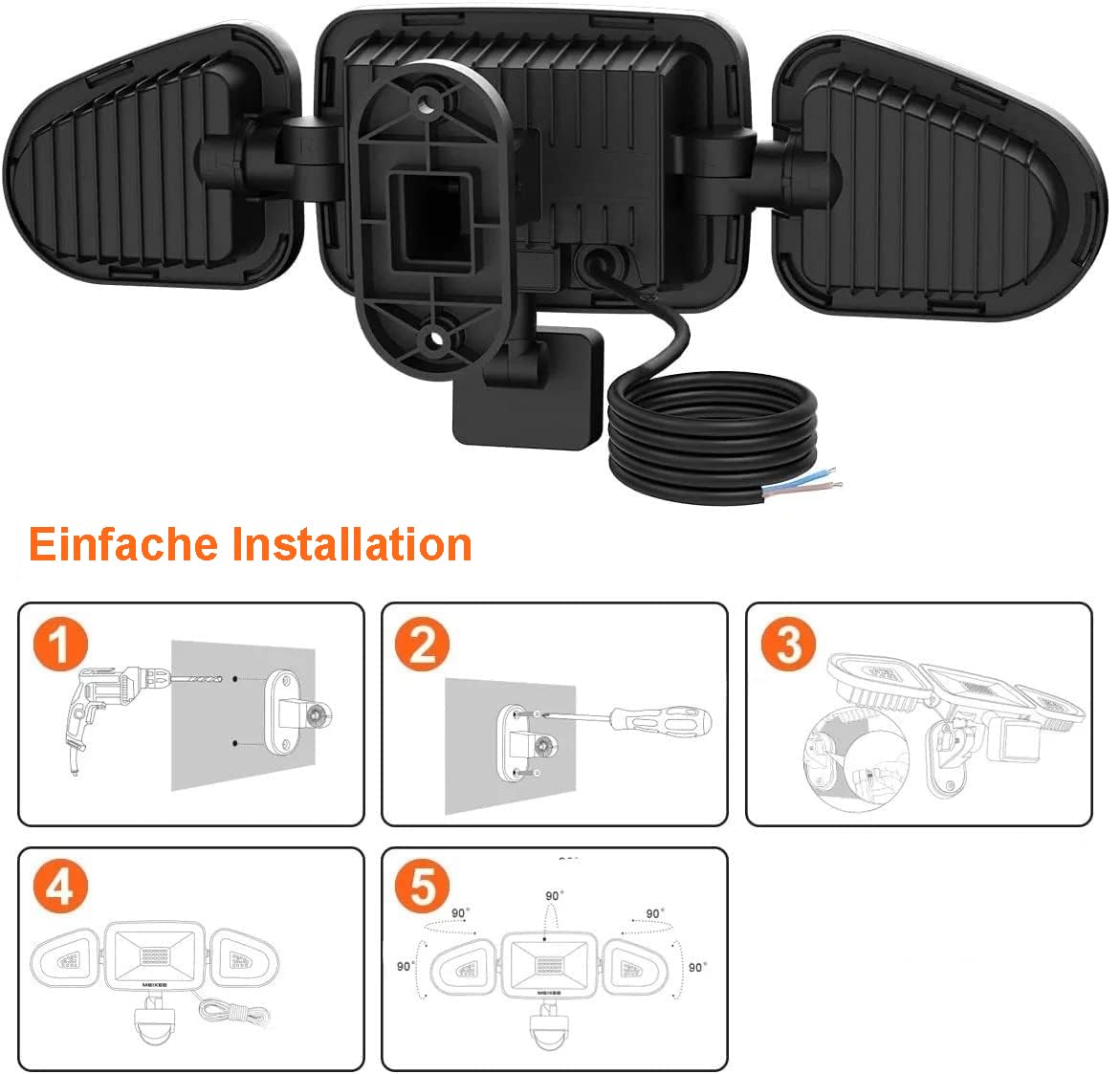 MEIKEE Reflektor LED z czujnikiem ruchu, 42 W, 4200 lm, reflektor zewnętrzny IP65, światło reflektorowe 6500 K, trzy głowice, regulacja 180°, światło bezpieczeństwa do garażu, ogrodu, na taras, podwórko