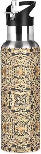 Stainless Steel Water Bottle 20 Oz, BPA-Free Sports Water Bottle with Straw for Gym Outdoor Travel School, Vintage Mandala Floral