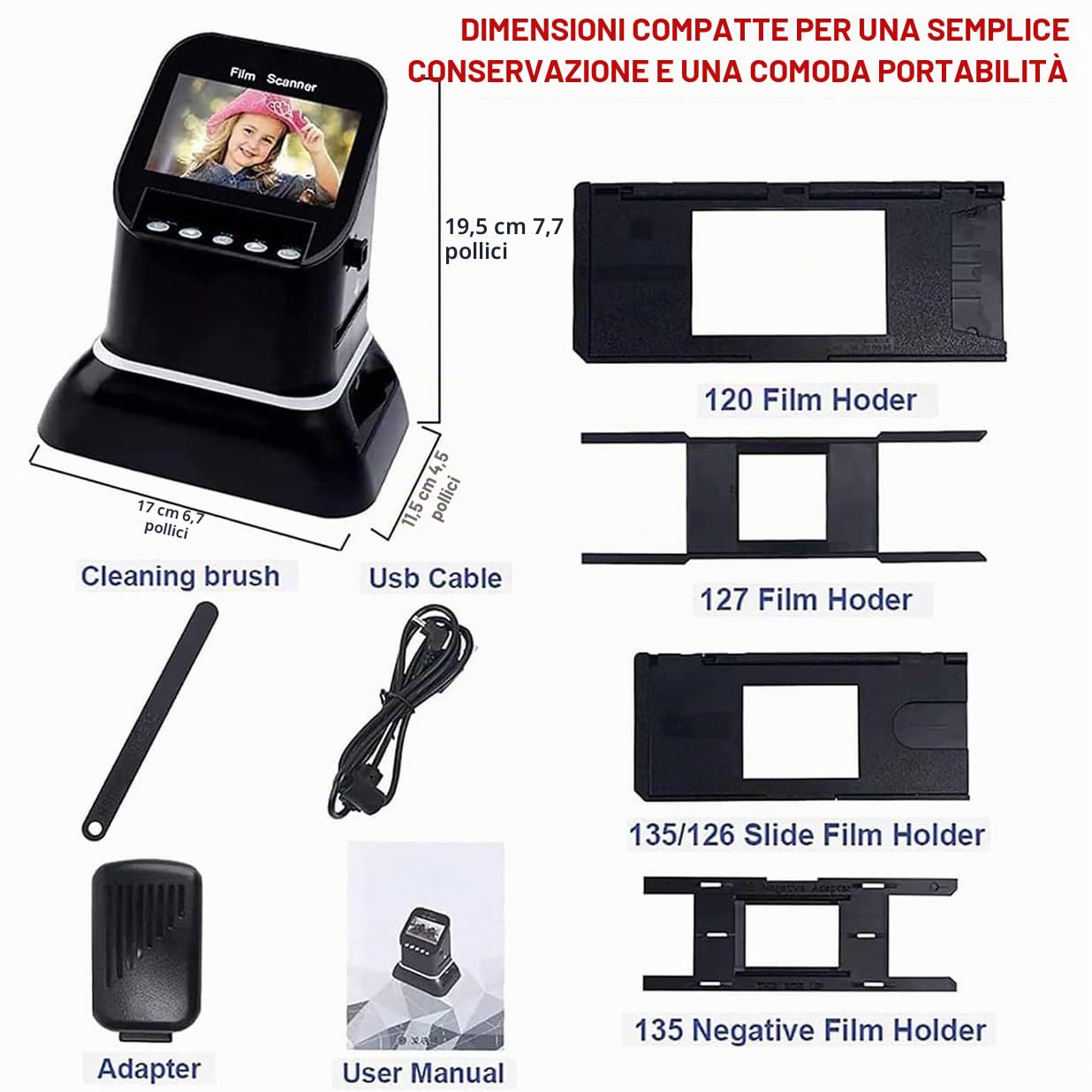 Scanner per Diapositive Ad Alta Risoluzione Tutto in Uno, Scanner Digitale per Pellicole, Converte Pellicole, Diapositive E Negativi 35mm, 135, 126 E 127 in Foto Digitali, Con Display Lcd 4.3"