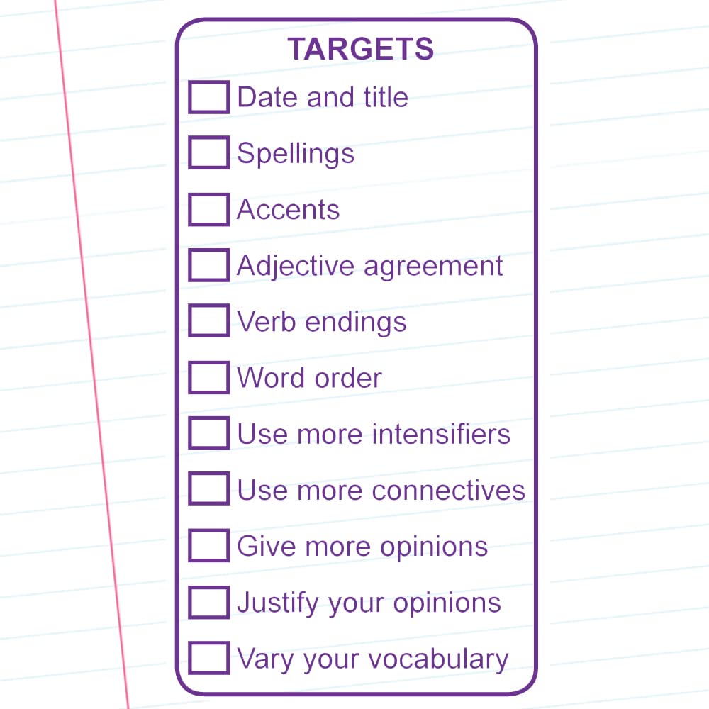 TARGETS Spanish Marking MFL Checklist Teacher Stamp - Large Format (6x11cm), Self-inking (Violet)*