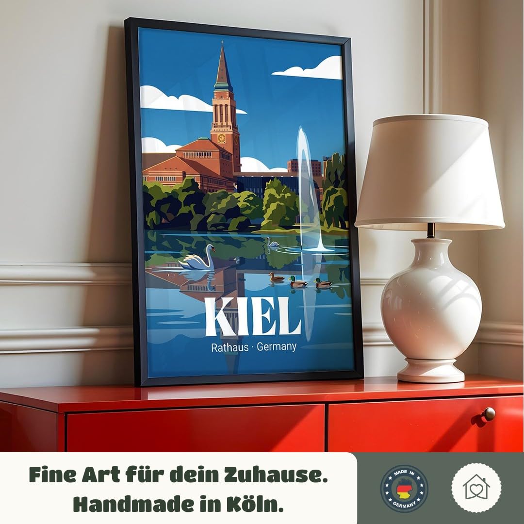 MJ-GRAPHICS® Poster Kiel Rathaus Wandbild Architektur Kunstdruck minimalistisch Blau Beige Wohnzimmer Stadtansicht Deko Büro Bilder urban in Deutschland 50x70 mit weißem Rahmen