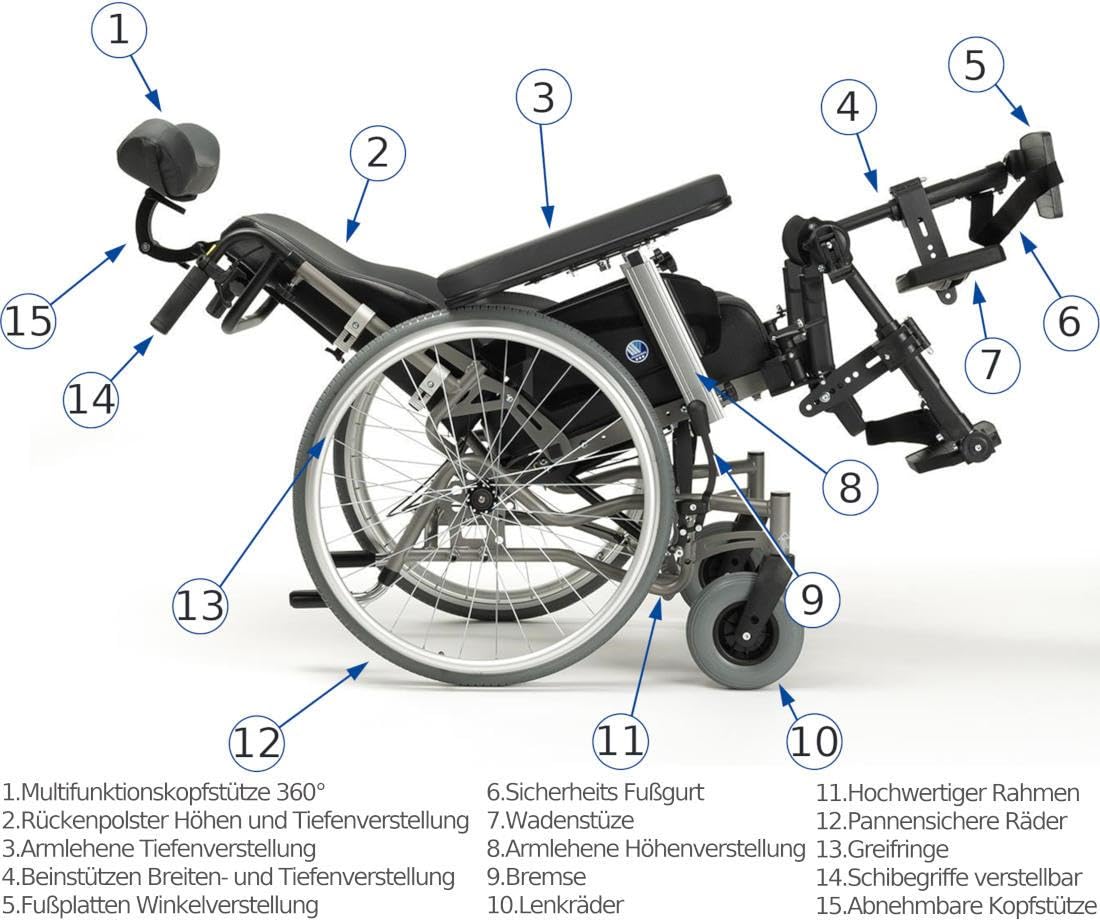 FabaCare Multifunktionsrollstuhl INOVYS II mit Trommelbremse, Pflegerollstuhl, Transportrollstuhl, Rollstuhl, höhenverstellbar, neigbar, tiefenverstellbar, Liegefunktion, Sitzbreite 45 cm