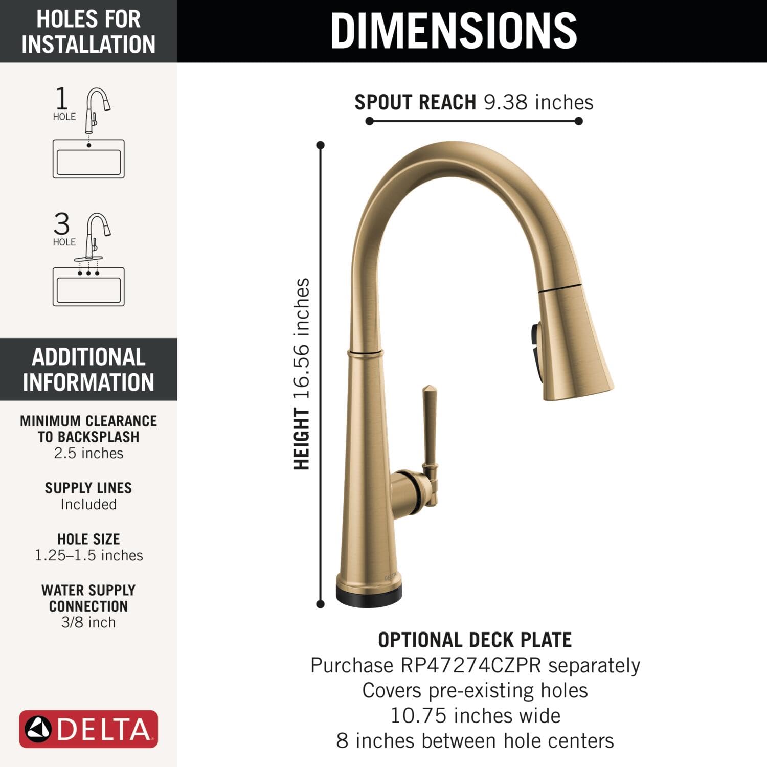 Delta Faucet Emmeline - Grifo de cocina sin contacto con tecnología táctil, grifo dorado para fregadero de cocina con pulverizador extraíble, Lumicoat Champagne Bronze 9182TL-CZ-PR-DST