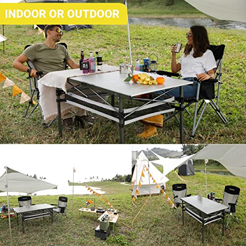 Kingcamp Spacious Tabletop Area Aluminum Compact Roll 4-6 Person Stable Adjustable Feet Table With Carry Bag For Outdoor Camp Picnic, Black/Siver_53.5"×27.5" With Storage Layer #TOP4