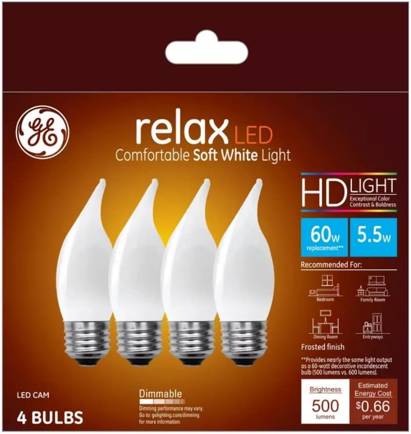 (Pack of 4 Bulbs) GE 48265 Relax LED Decorative Chandelier Light Bulb, 60 watt Equivalent, Bent tip, HD Light, Frosted, dimmable LED Light Bulb