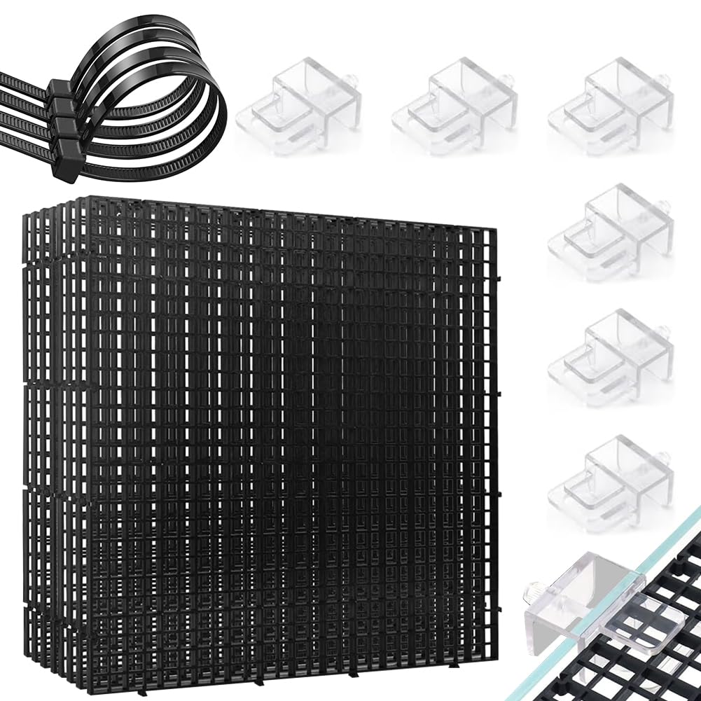 Lot de 8 grilles en plastique pour aquarium (30 x 30 cm) avec 6 supports et 20 serre-câbles, protection d'aquarium, séparateur pour protection du sol et support d'aquascaping, noir