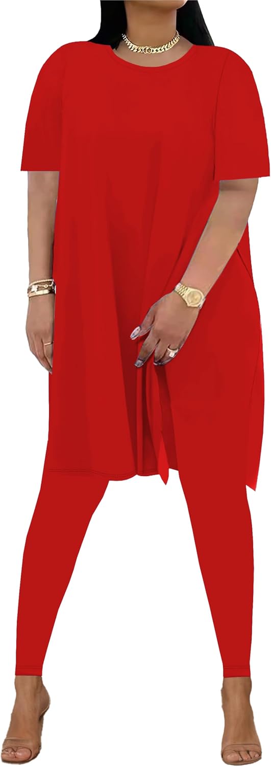 HBQ Womens 2 Piece Outfits Tracksuits Short Sleeve Tunic Tops Bodycon High Waist Leggings Pants