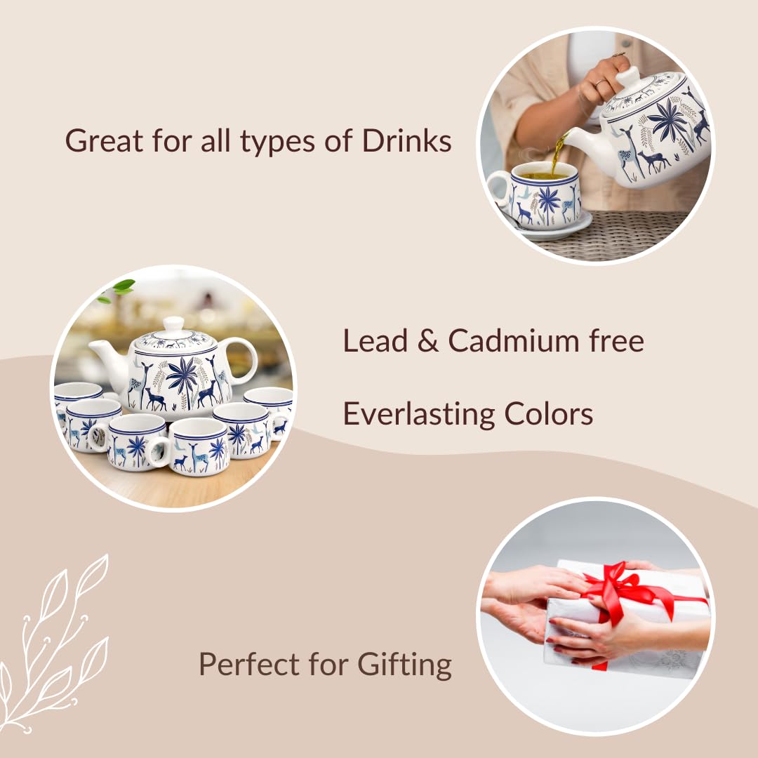 The Earth Store Handcrafted Ceramic Stag Blue Tea Cup Set with Kettle Microwave and Dishwasher Safe 6 Tea Cups & 1 Kettle | Tea Pot Set | Morning Set 2