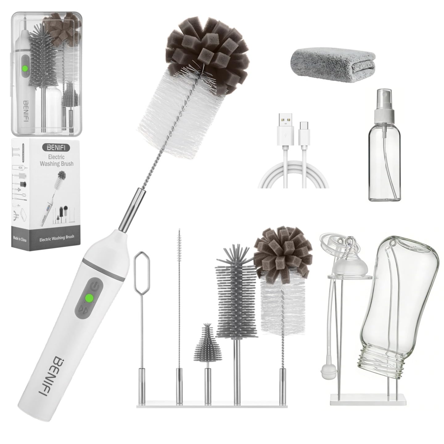 Nettoyeur de biberons électrique Pro, brosse à biberon 11 en 1, étendoir, brosse éponge, nettoyeur de biberons en silicone, mélangeur de formule, brosse à tétons, distributeur de savon, chiffon