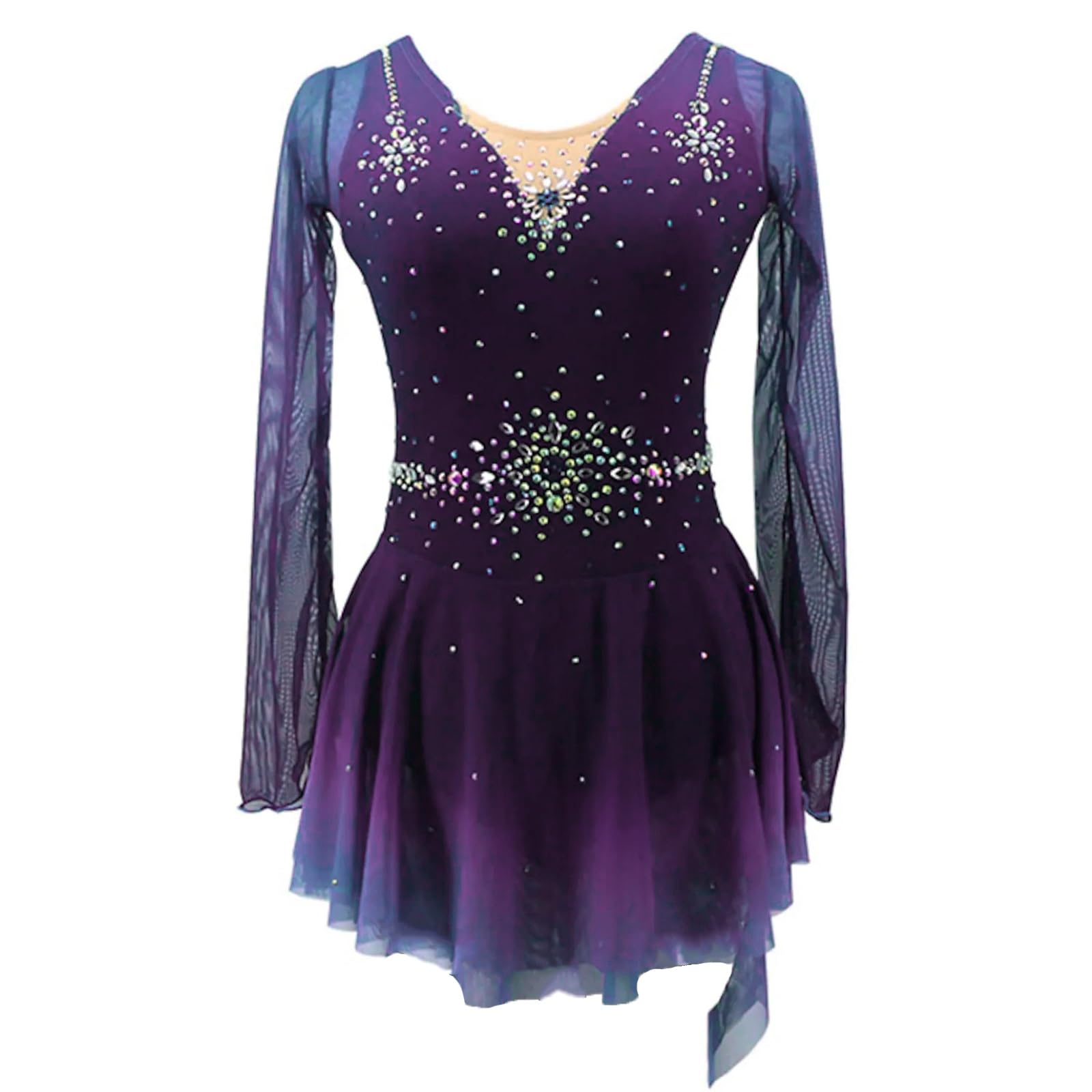 Kmarouse Figure Skating Dress for Women Long Sleeved with Rhinestones Girls Ice Skating Dress for Competition(Purple,XXL)