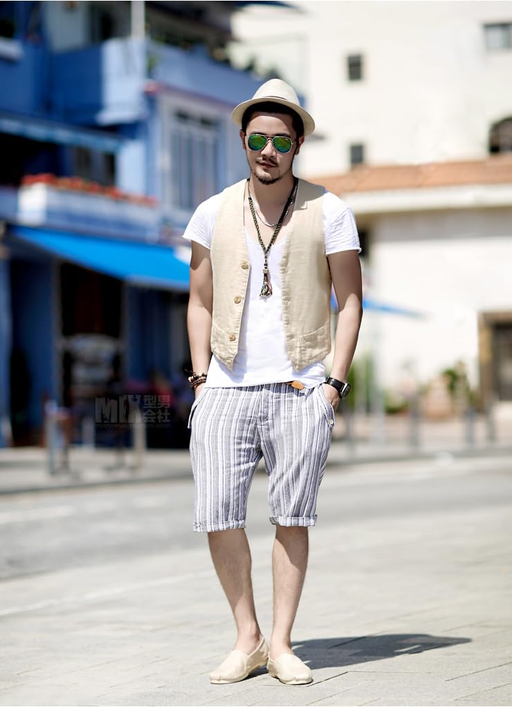 Gilet estivo in lino, da uomo, con scollo a V, alla moda, per feste, casual, vestibilità regolare