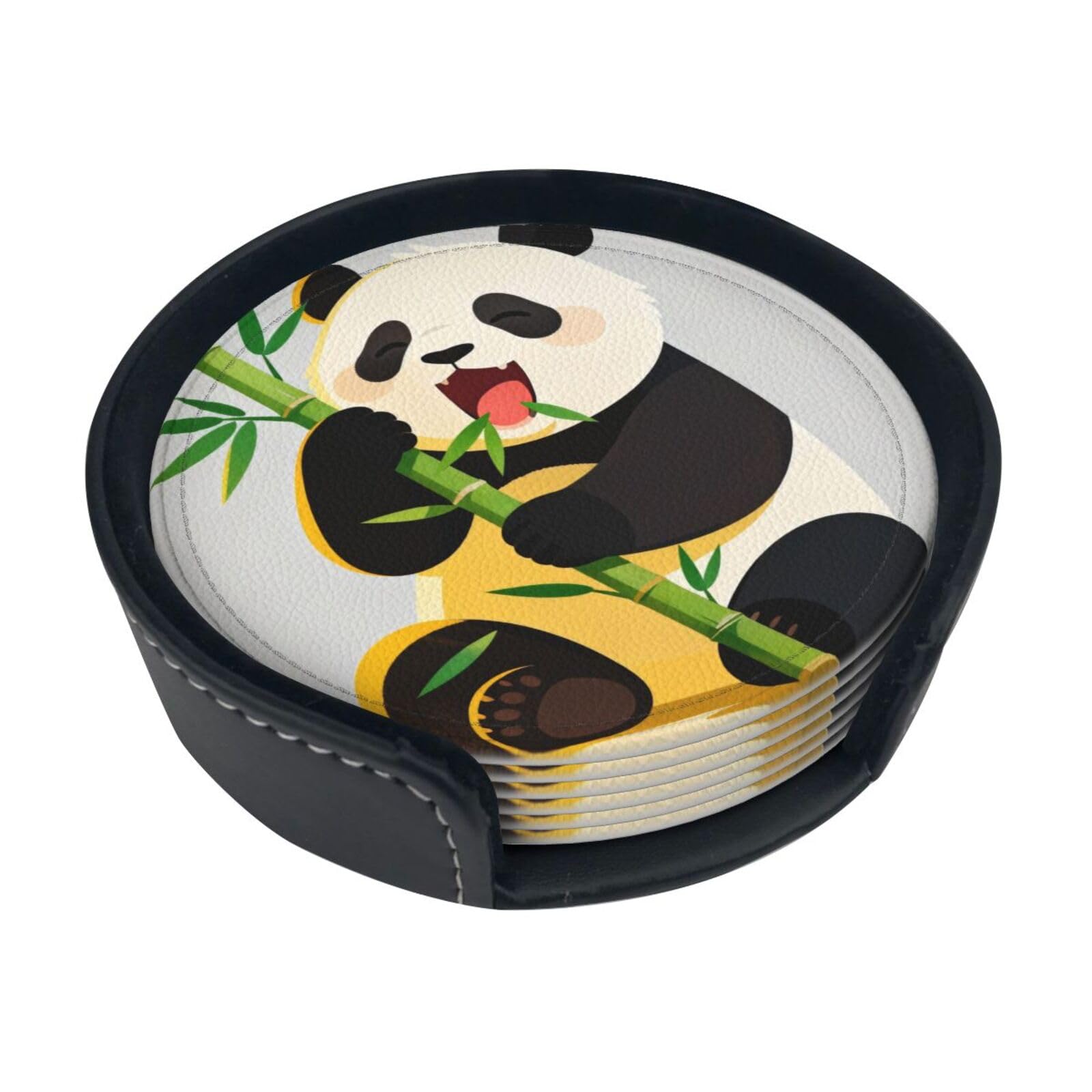Cntdbu White Panda Eat Bamboo Leather Coasters Set Of 6-Pu Leather Drink Mats For Table, Heat Resistant Round Coasters With Holder