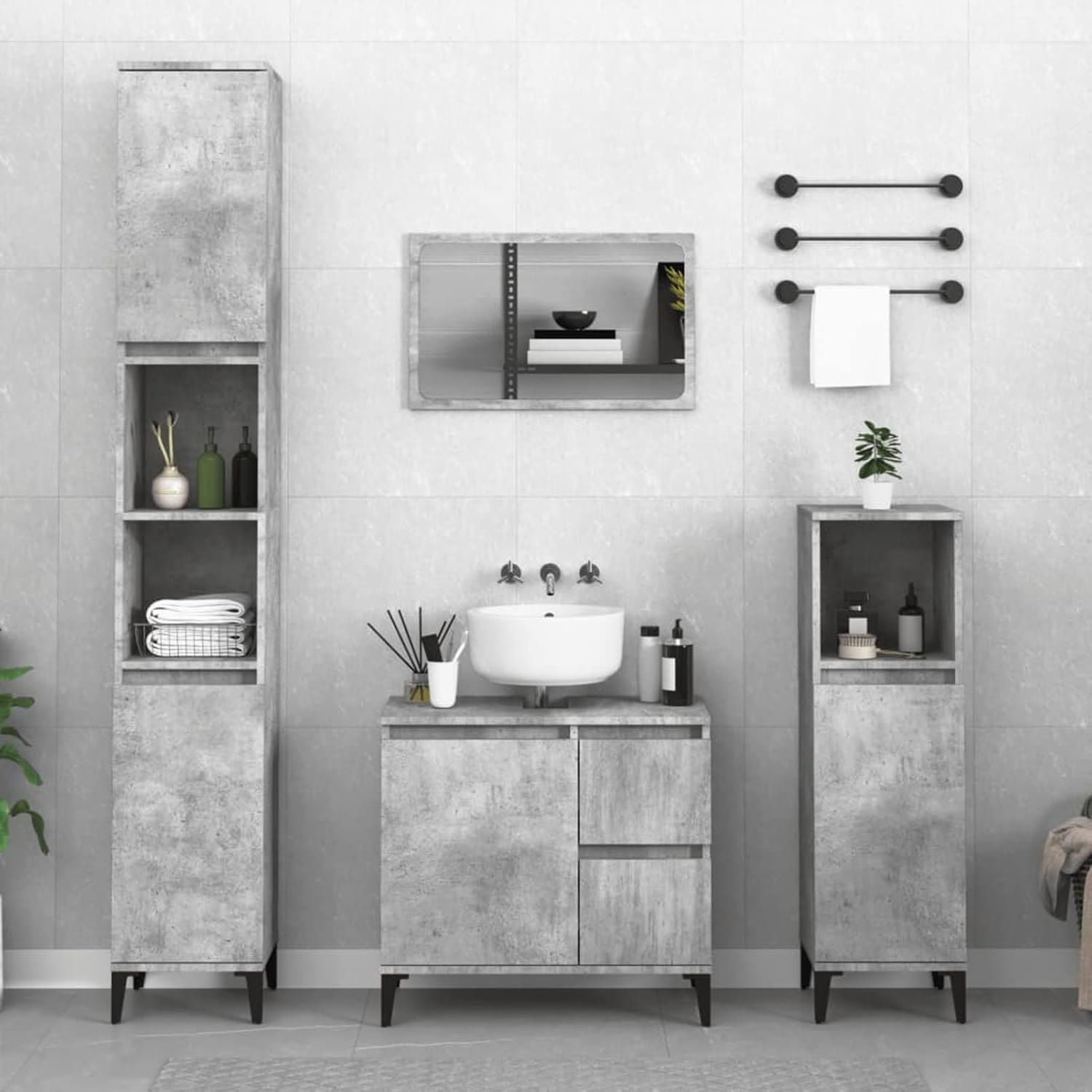 JUNZAI 3 Piece Bathroom Cabinet Set Concrete Grey Engineered Wood ...