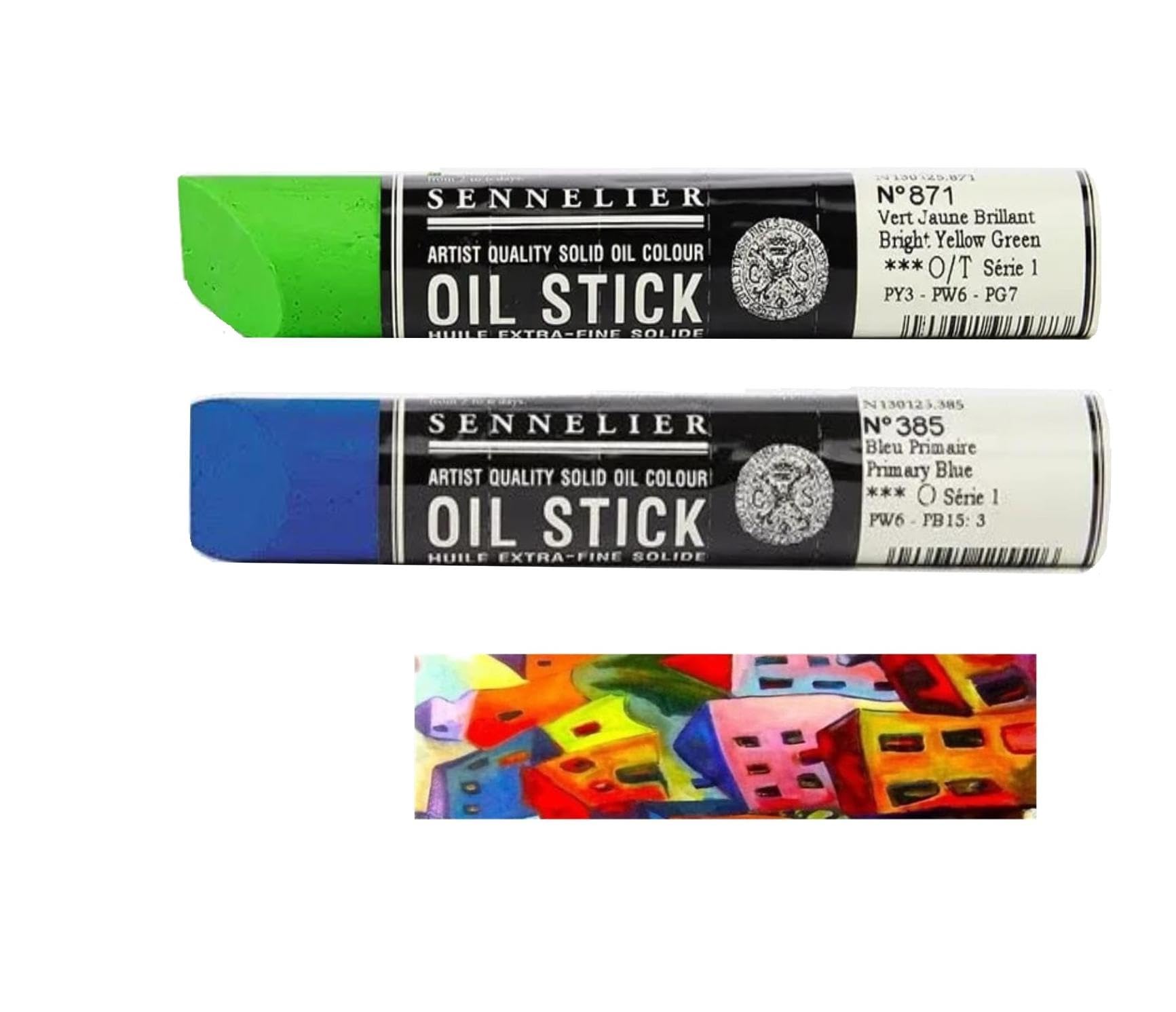 Bâtonnets d'huile Sennelier 38ml avec bleu primaire, vert jaune brillant et carte créative