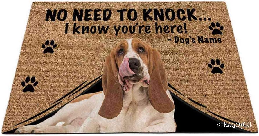 BAGEYOU Personalized Dog's Name Doormat with My Love Dog Basset Hound Welcome Floor Mat No Need to Knock I Know You're Here 27.5 x 17.7