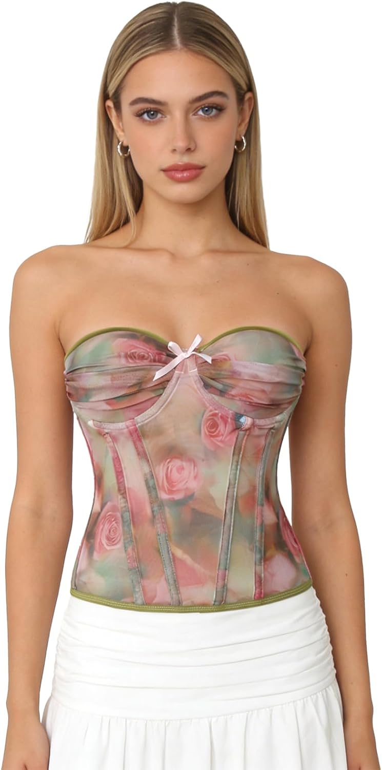 Kimring Women's Renaissance Retro Sweetheart Floral Mesh Boned Overbust Corset