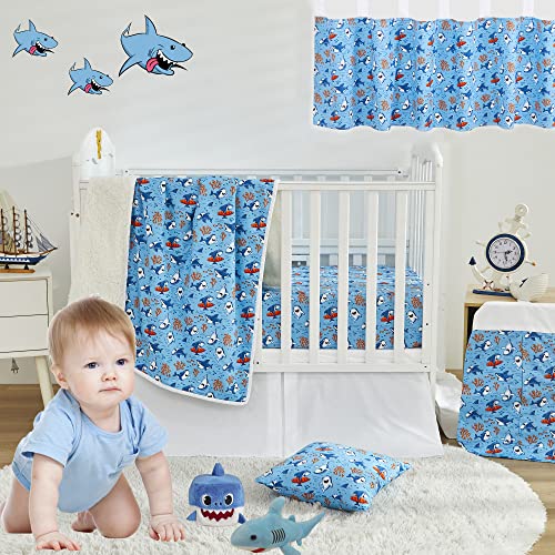 Image of Brandream Crib Bedding Set for Boys 100% Cotton 6 Piece Baby Toddler Nursery Bedding Set with Fitted Crib Sheet, Dust Ruffle - Blue Ocean Nautical Aquatic Whale Shark Coral Theme