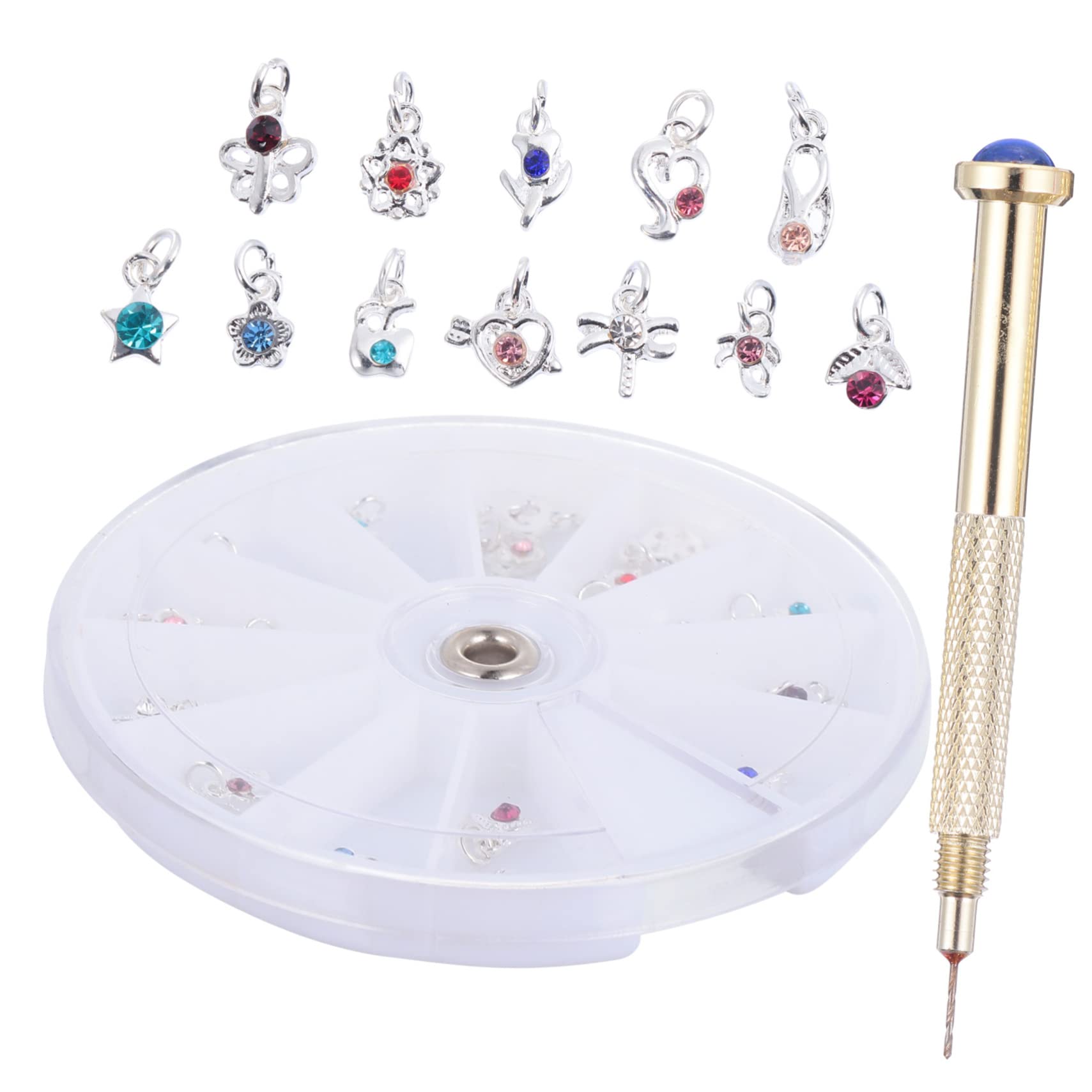LIFKOME 24Pcs Nail Pendant Charm with Dangle Nail Piercing Tool Nail Art Kit for Creative Designs at Home Salon Portable and Lightweight Nail Jewelry Making Supplies