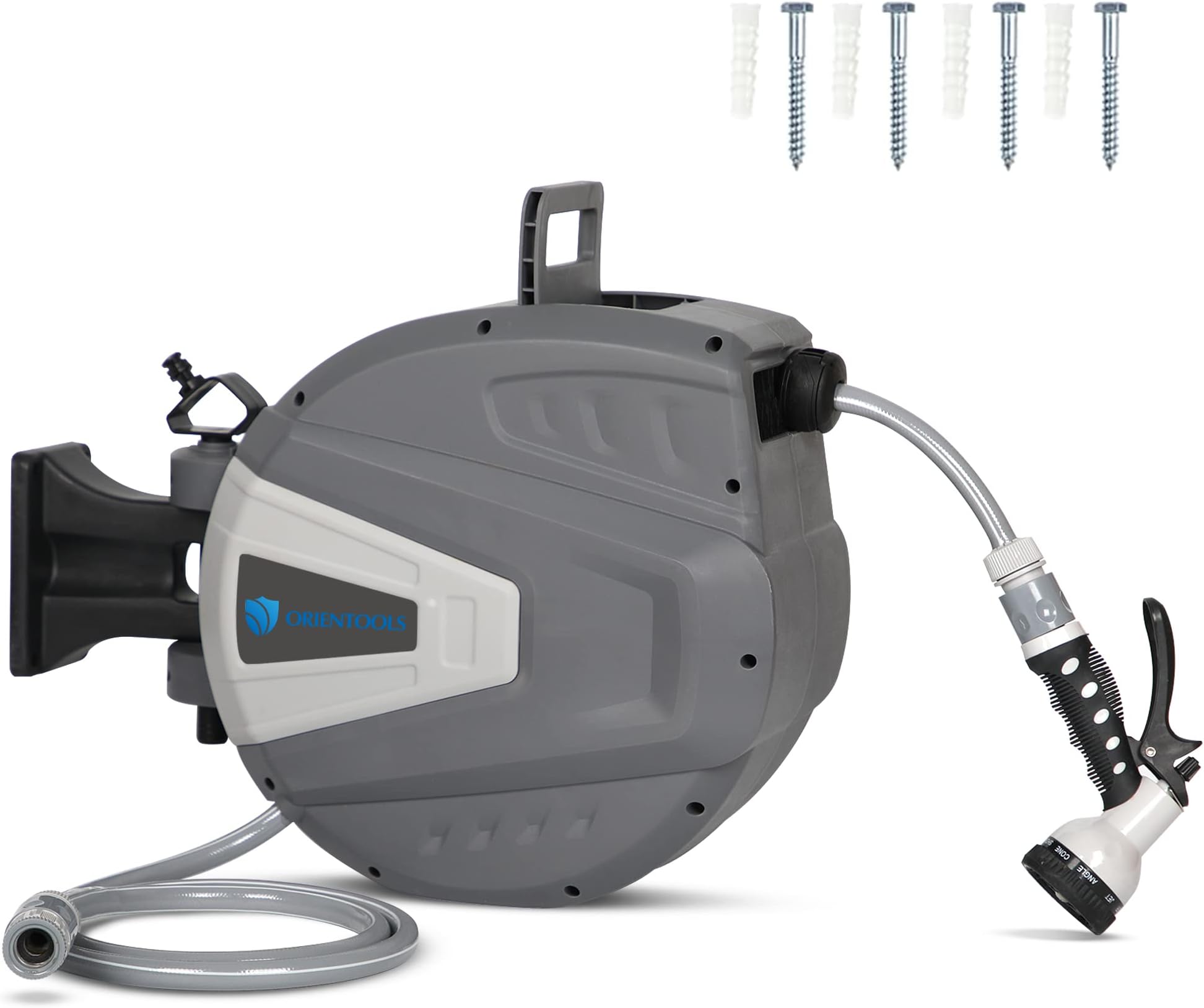 ORIENTOOLS 1/2" Garden Hose Reel, 65 FT Automatic Retractable and Any Length Lock Wall Mounted Hose Reel with Adjustable 9 Pattern Nozzle, 180 Degree Pivot, Tap Adaptor, ABS Connector Included