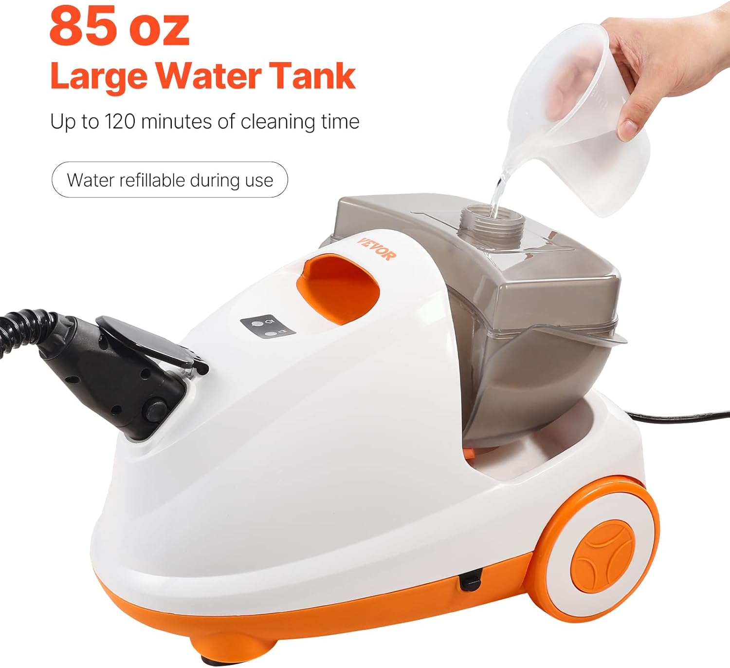 Hand pouring water into the 85 oz (2.5 L) water tank of the VEVOR Steam Cleaner.